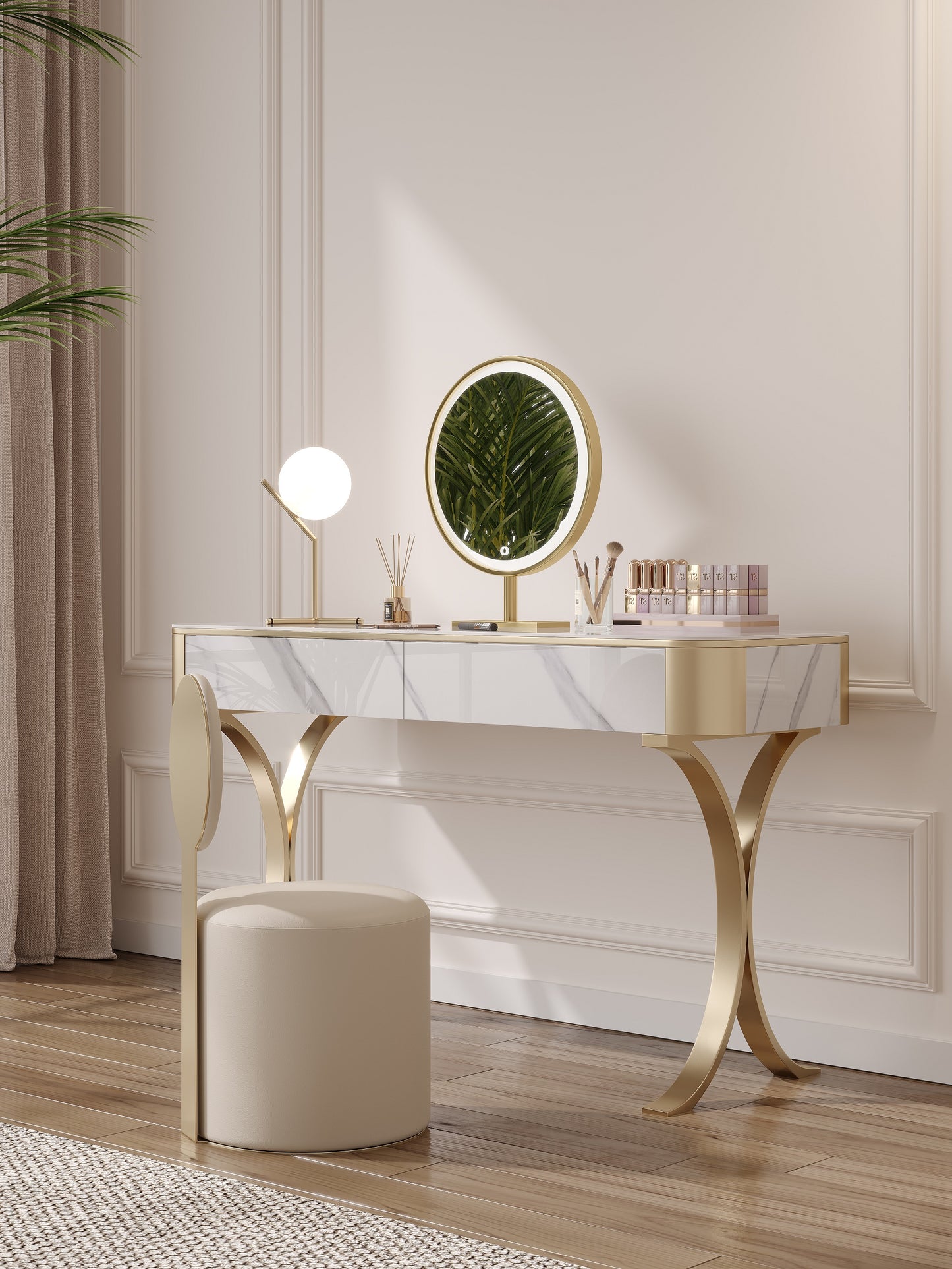 Dolores Stone Top Vanity Table With LED Mirror And Stool Makeup Table Dressing Table Set 1.2m