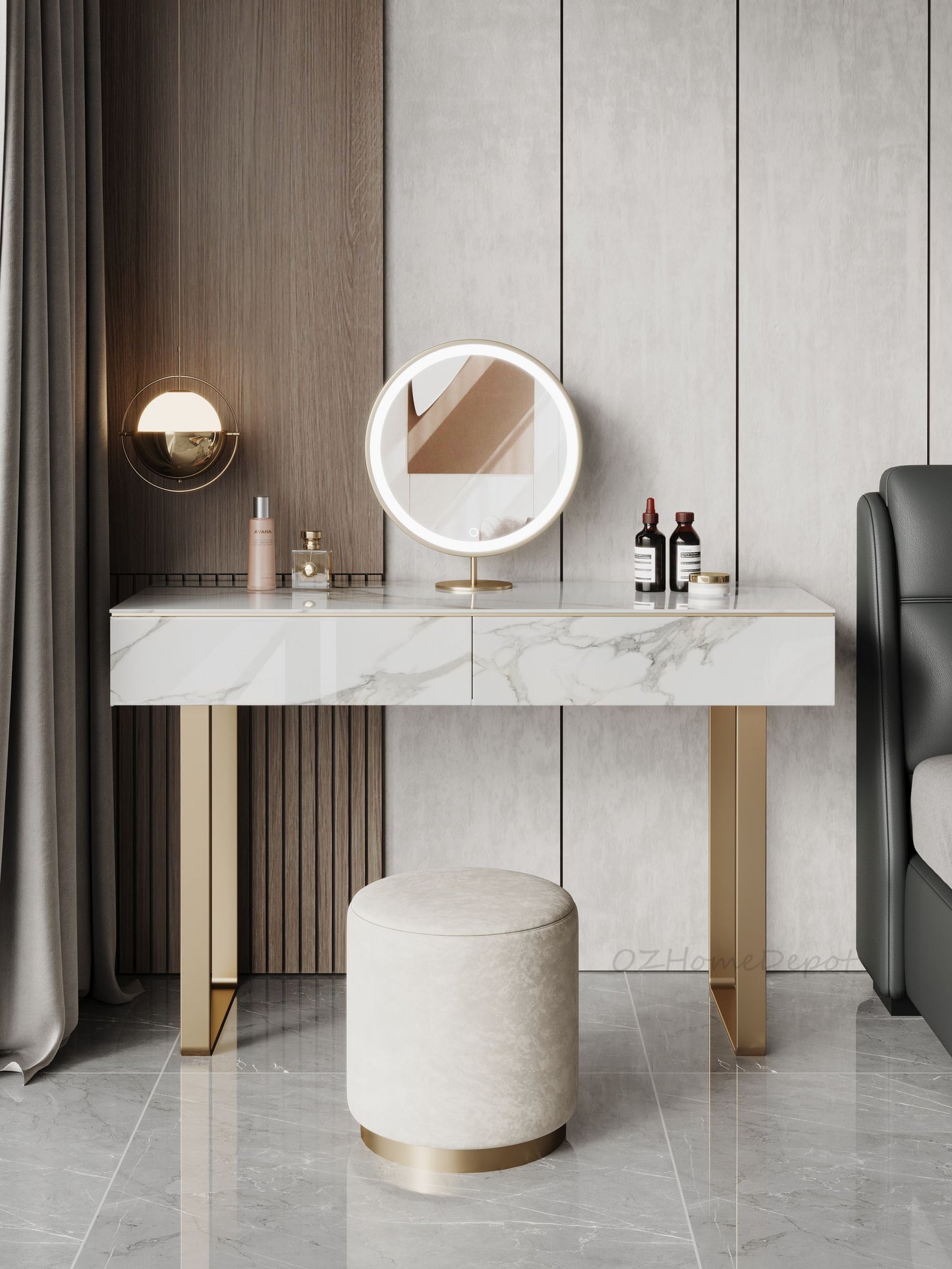 ALEXUS Sintered Stone Top Vanity Table With Stool And LED Mirror Makeup Table Dressing Table With Drawers 1m