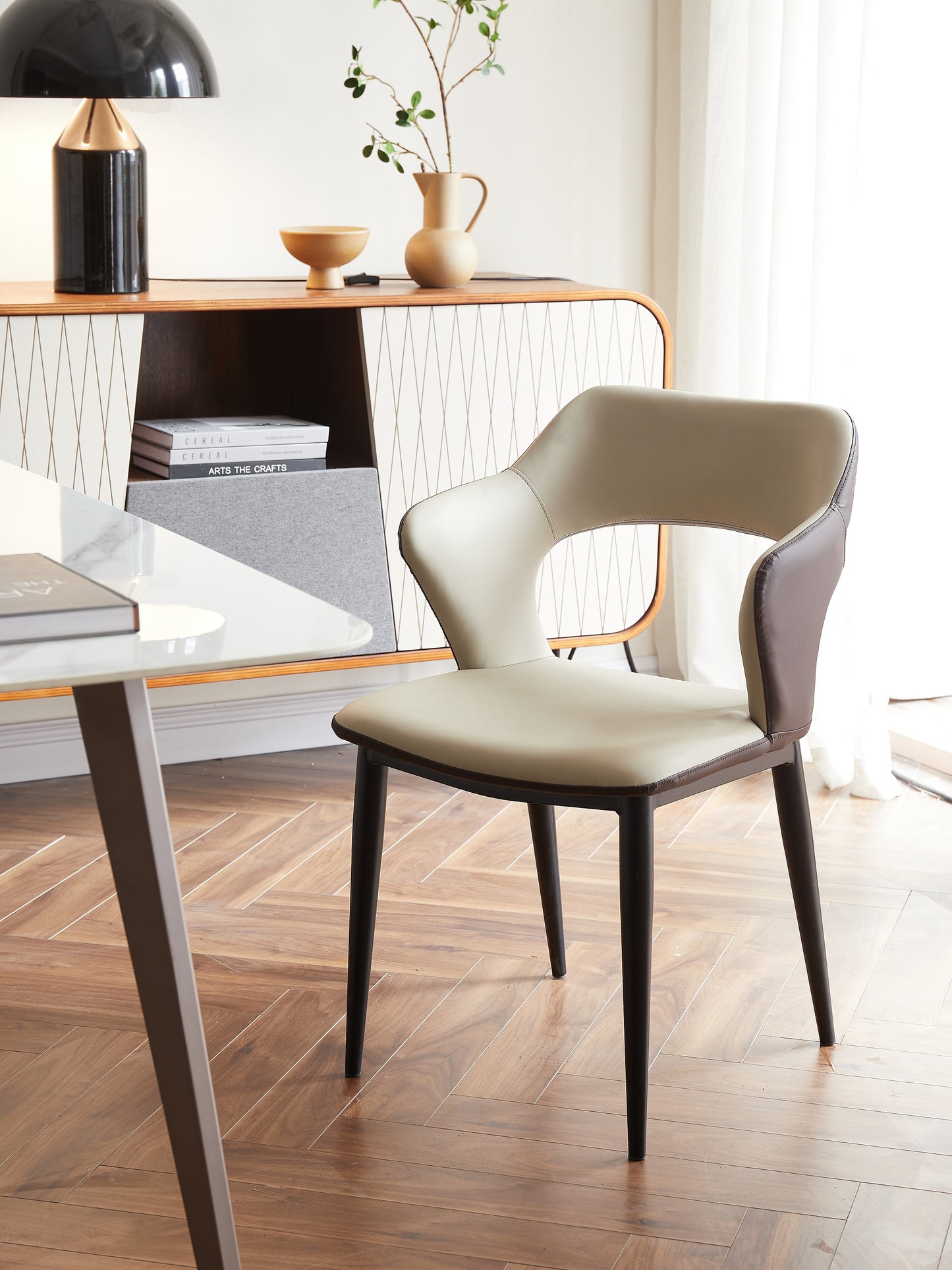 Sesco Open Back Design PU Leather Dining Chair Metal Legs Two Tune Colored