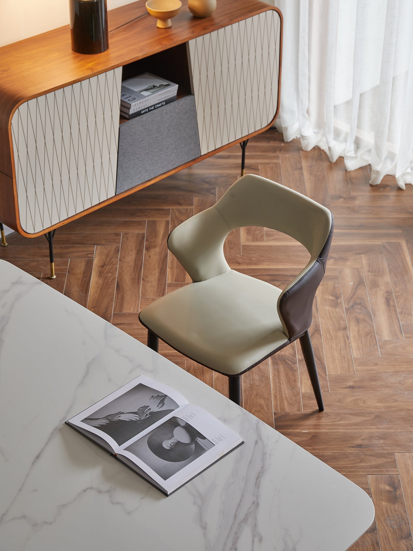 Sesco Open Back Design PU Leather Dining Chair Metal Legs Two Tune Colored