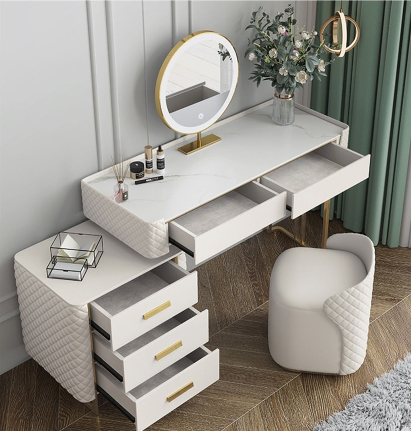 Florella+ Italian Style Sintered Stone Top Vanity Table With Stool And LED Mirror Makeup Table Dressing Table With Drawers 1.2m