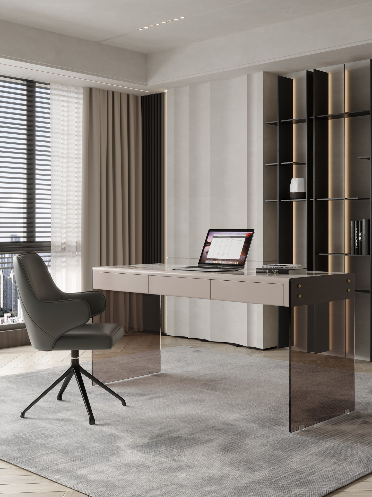Angelo Sintered Stone Top Designer Study Desk With Drawers Glass Stand Home Office Desk 1.6m