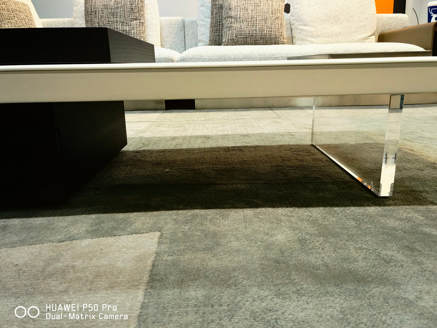 OTTAVIO Designer Black and White Color Slate Top Coffee Table With Transparent Legs and Metal Fruit Tray