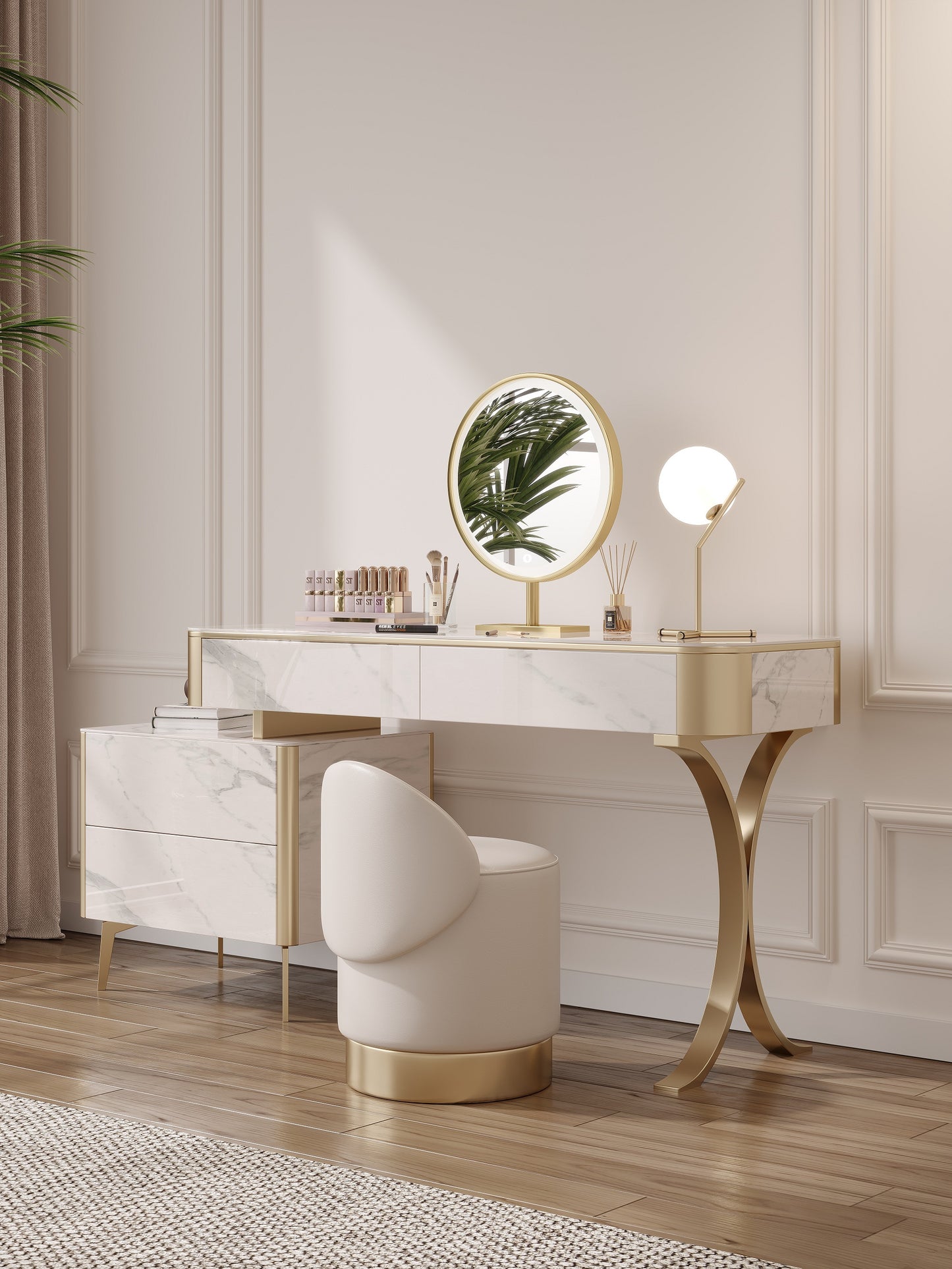 Dolores Stone Top Vanity Table With LED Mirror And Stool Makeup Table Dressing Table Set 1.2m
