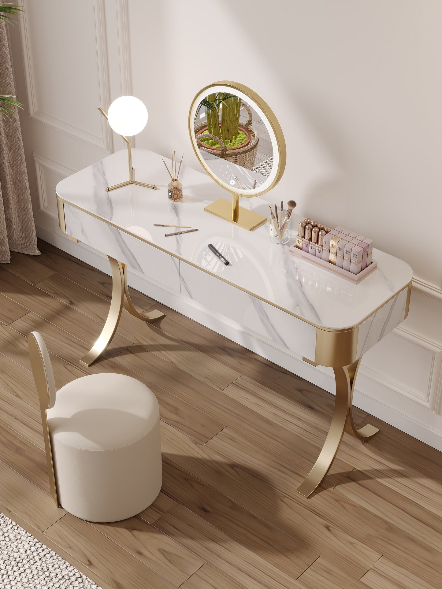 Dolores Stone Top Vanity Table With LED Mirror And Stool Makeup Table Dressing Table Set 1.2m