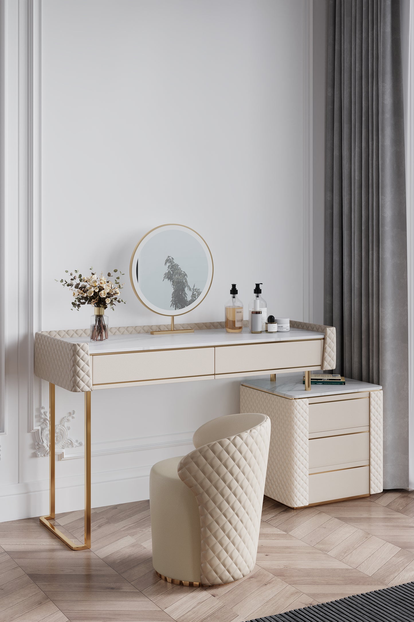 TRAGO+ Sintered Stone Top Vanity Table With Stool And LED Mirror Makeup Table Dressing Table With Drawers 1.2m