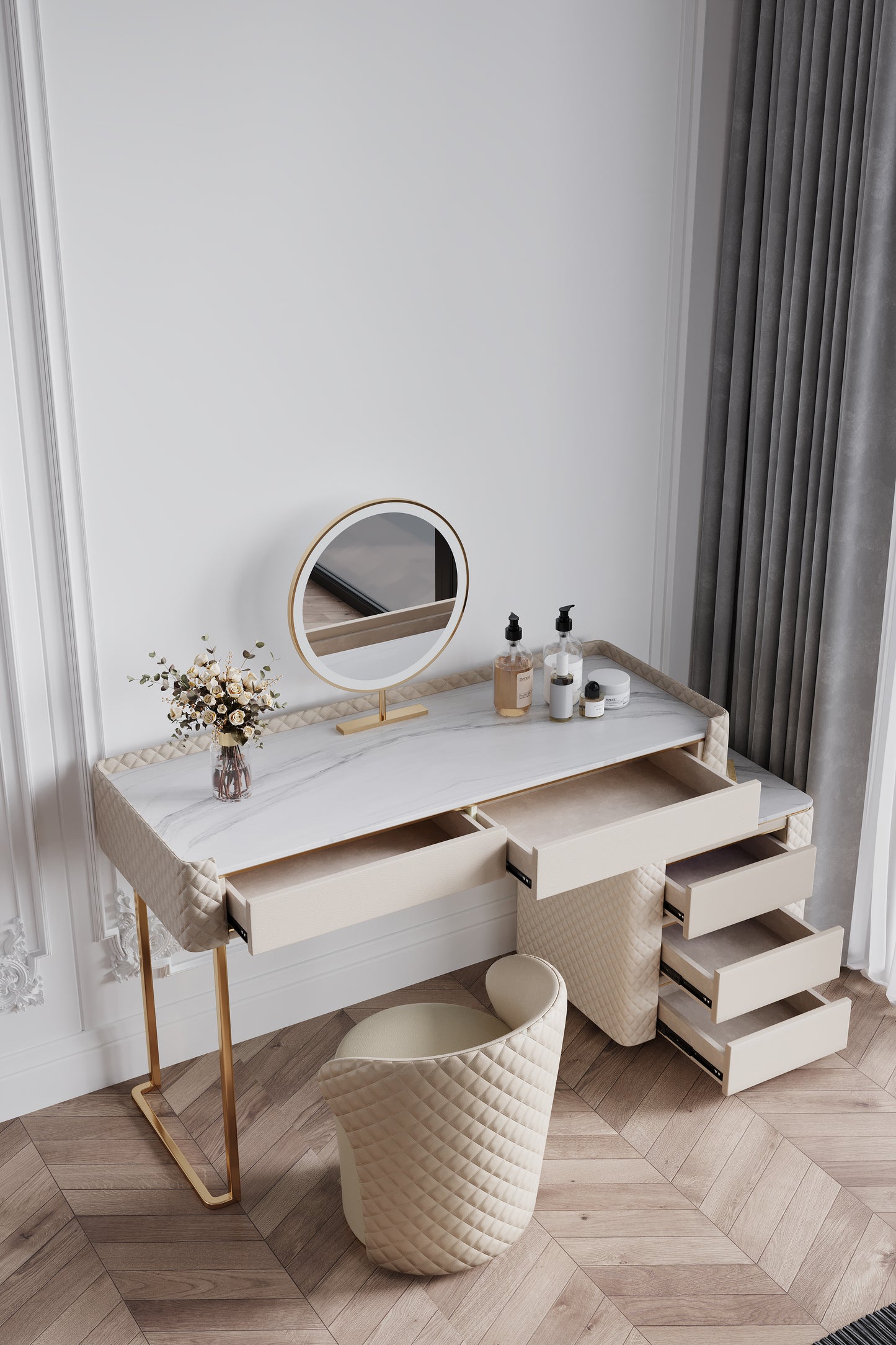 TRAGO+ Sintered Stone Top Vanity Table With Stool And LED Mirror Makeup Table Dressing Table With Drawers 1.2m