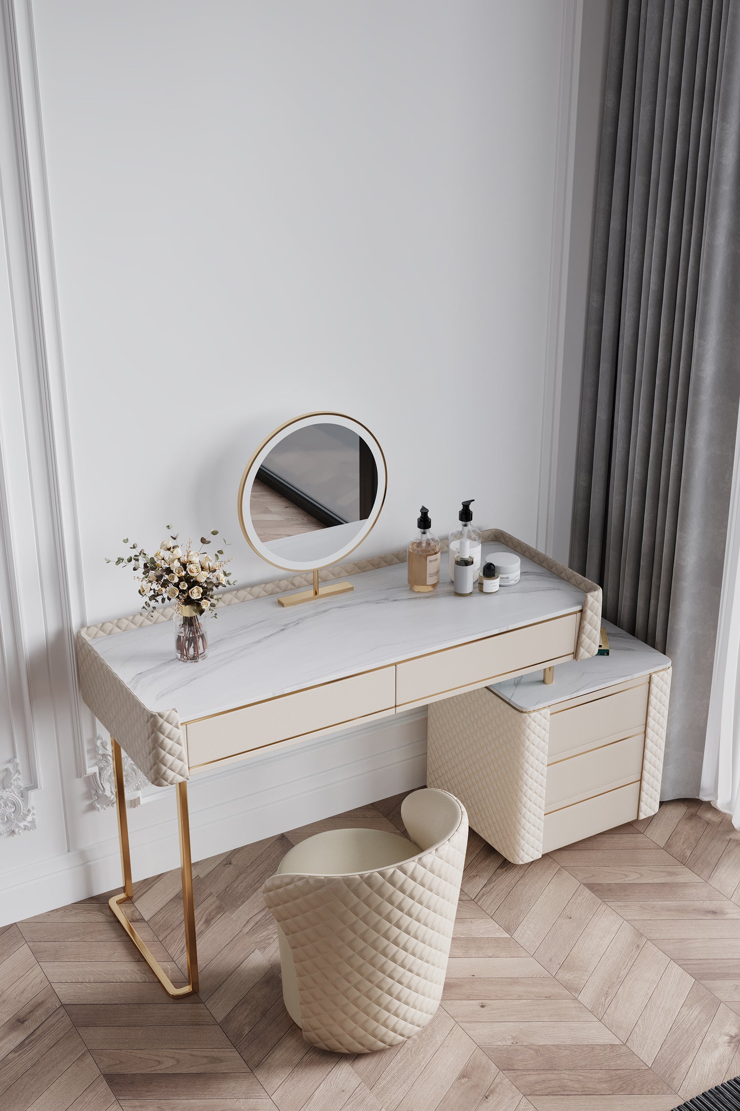 TRAGO+ Sintered Stone Top Vanity Table With Stool And LED Mirror Makeup Table Dressing Table With Drawers 1.2m