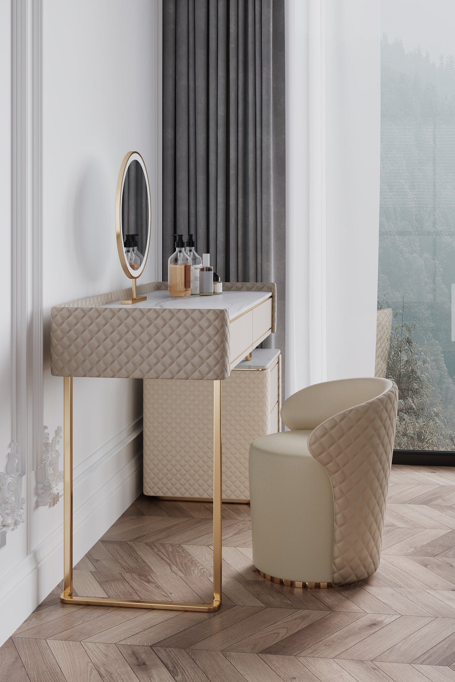 TRAGO+ Sintered Stone Top Vanity Table With Stool And LED Mirror Makeup Table Dressing Table With Drawers 1.2m