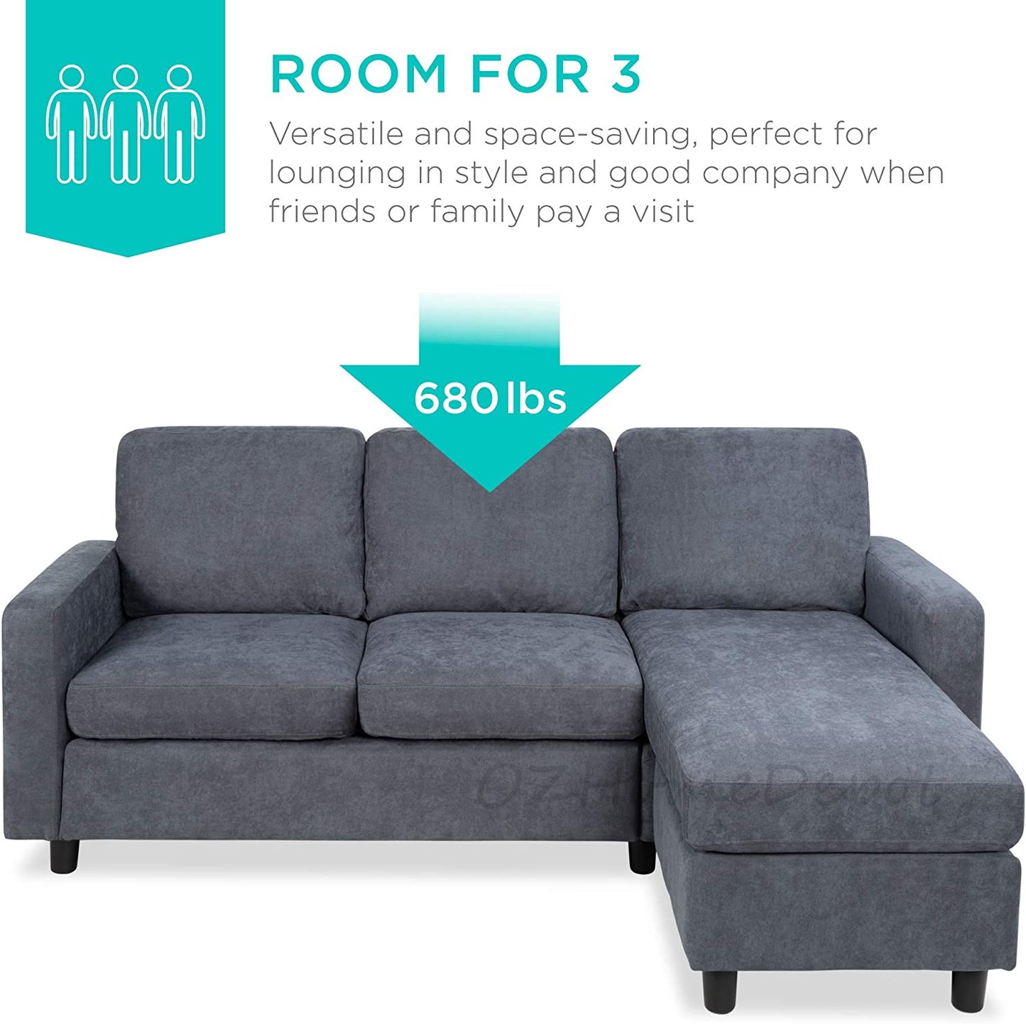 Linen Fabric 3-Seat Modular Sofa Grey Color With Reversible Ottoman L Shape Sofa