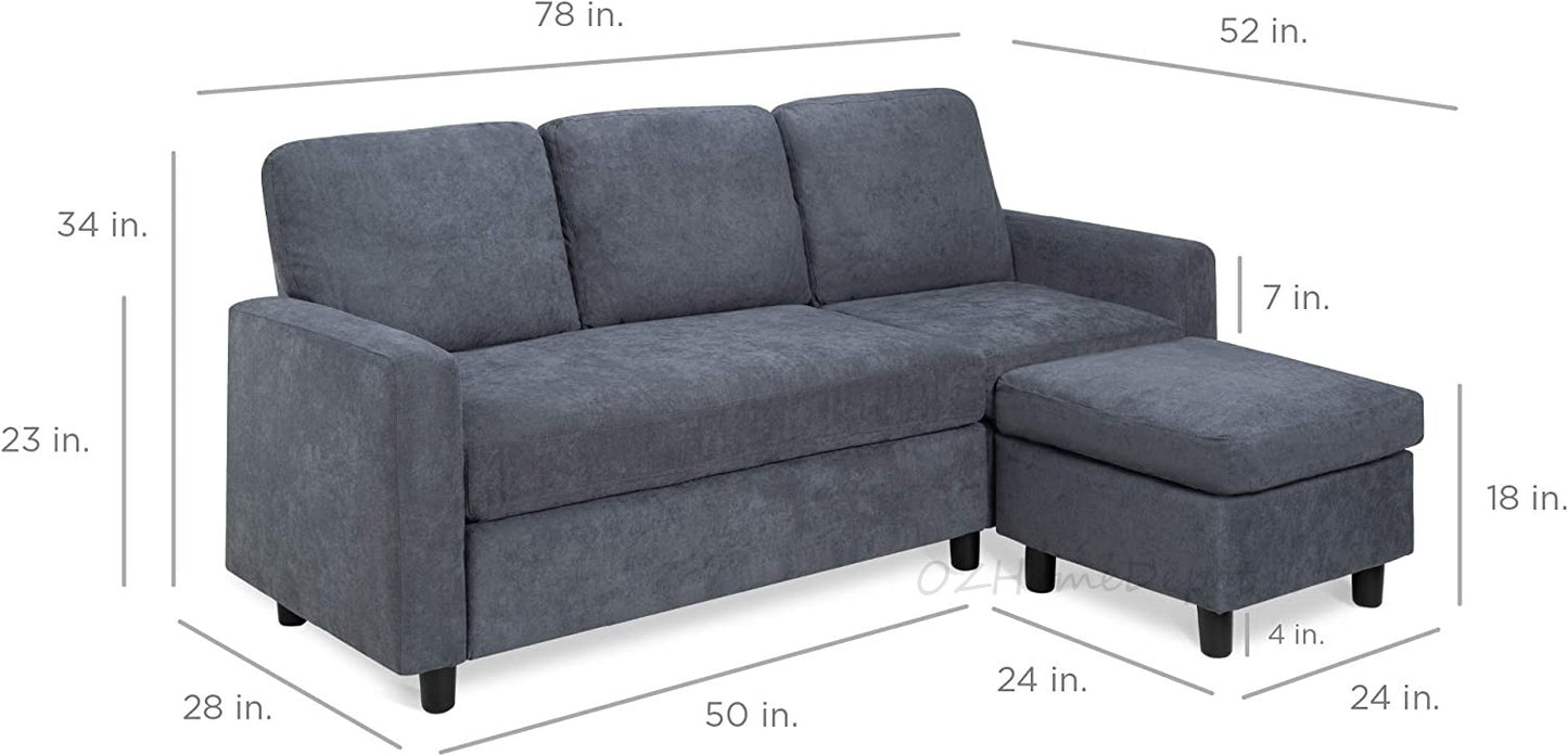 Linen Fabric 3-Seat Modular Sofa Grey Color With Reversible Ottoman L Shape Sofa