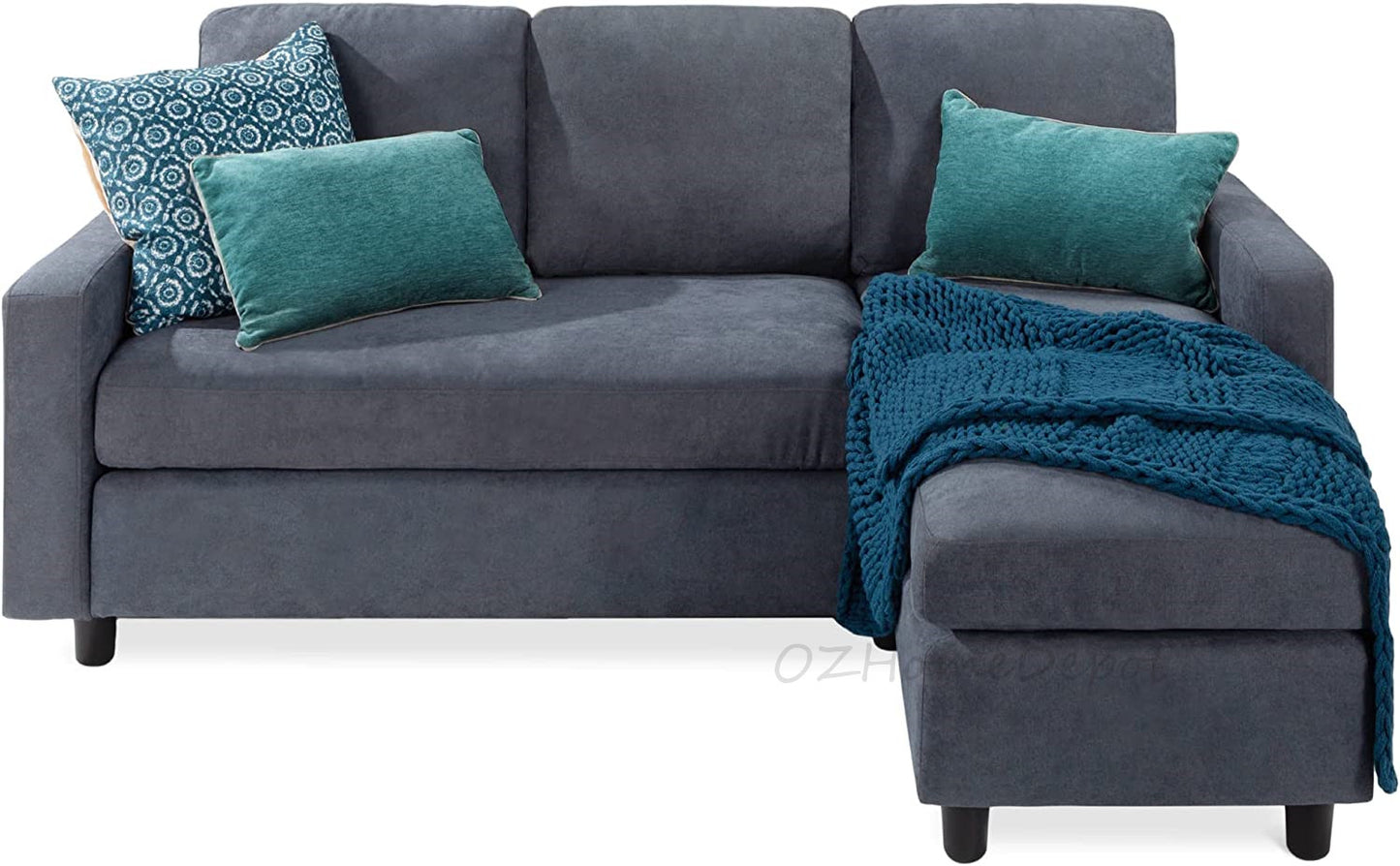 Linen Fabric 3-Seat Modular Sofa Grey Color With Reversible Ottoman L Shape Sofa