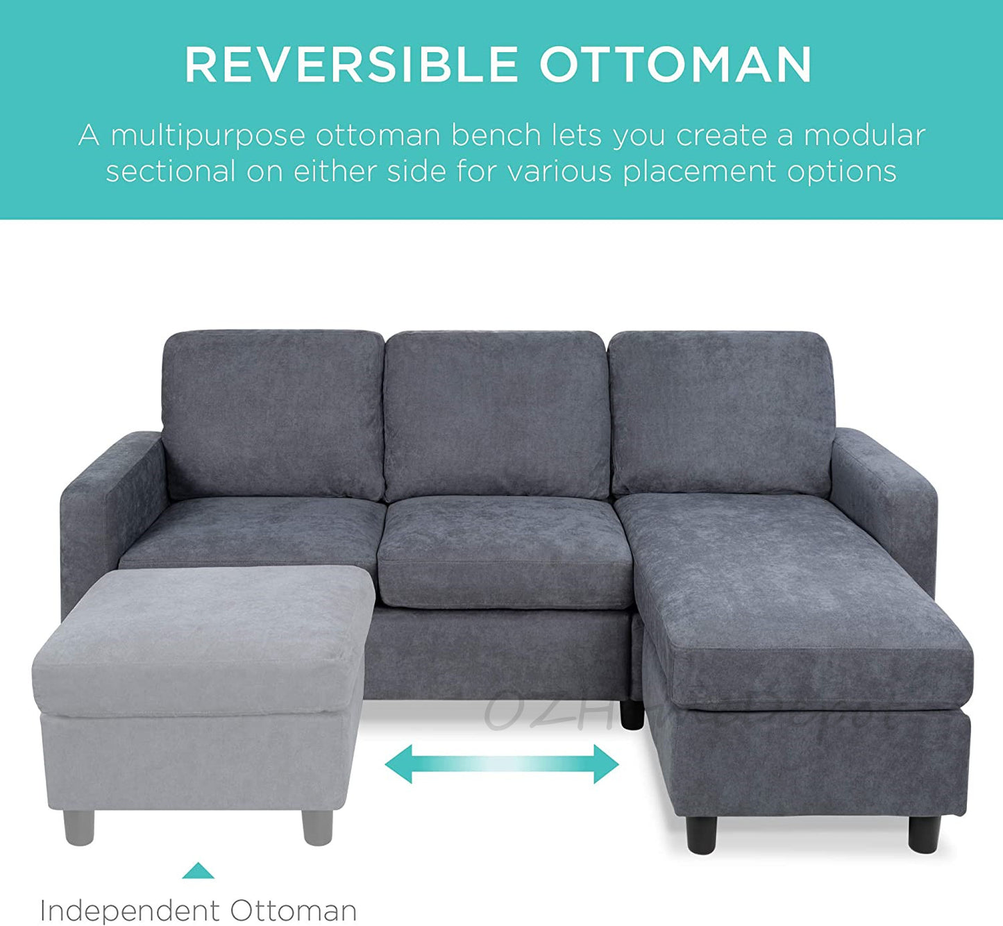Linen Fabric 3-Seat Modular Sofa Grey Color With Reversible Ottoman L Shape Sofa