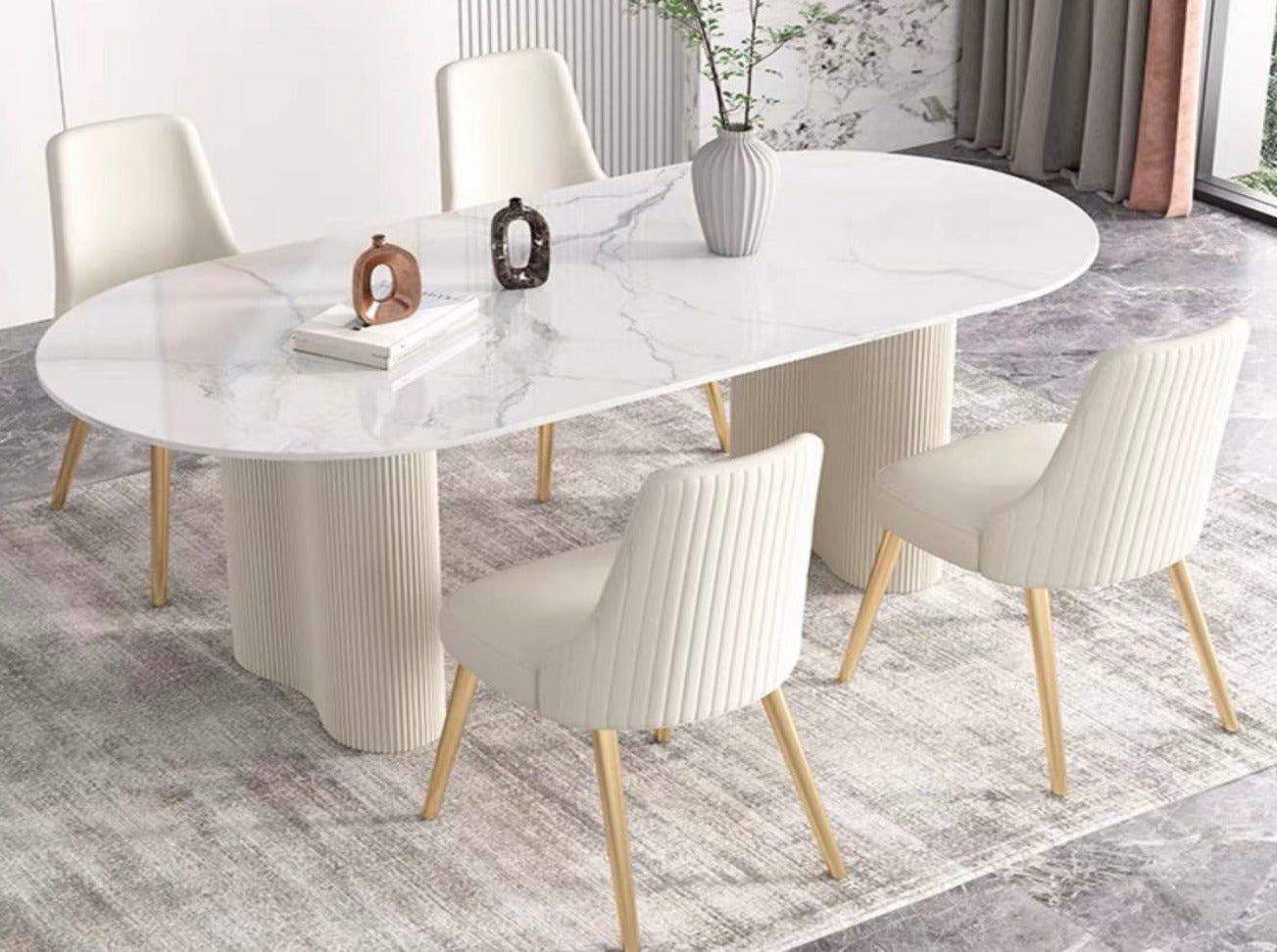 AMOS White Marble Paint Sintered Stone Top Oval Style Dining Table 1.6-1.8m