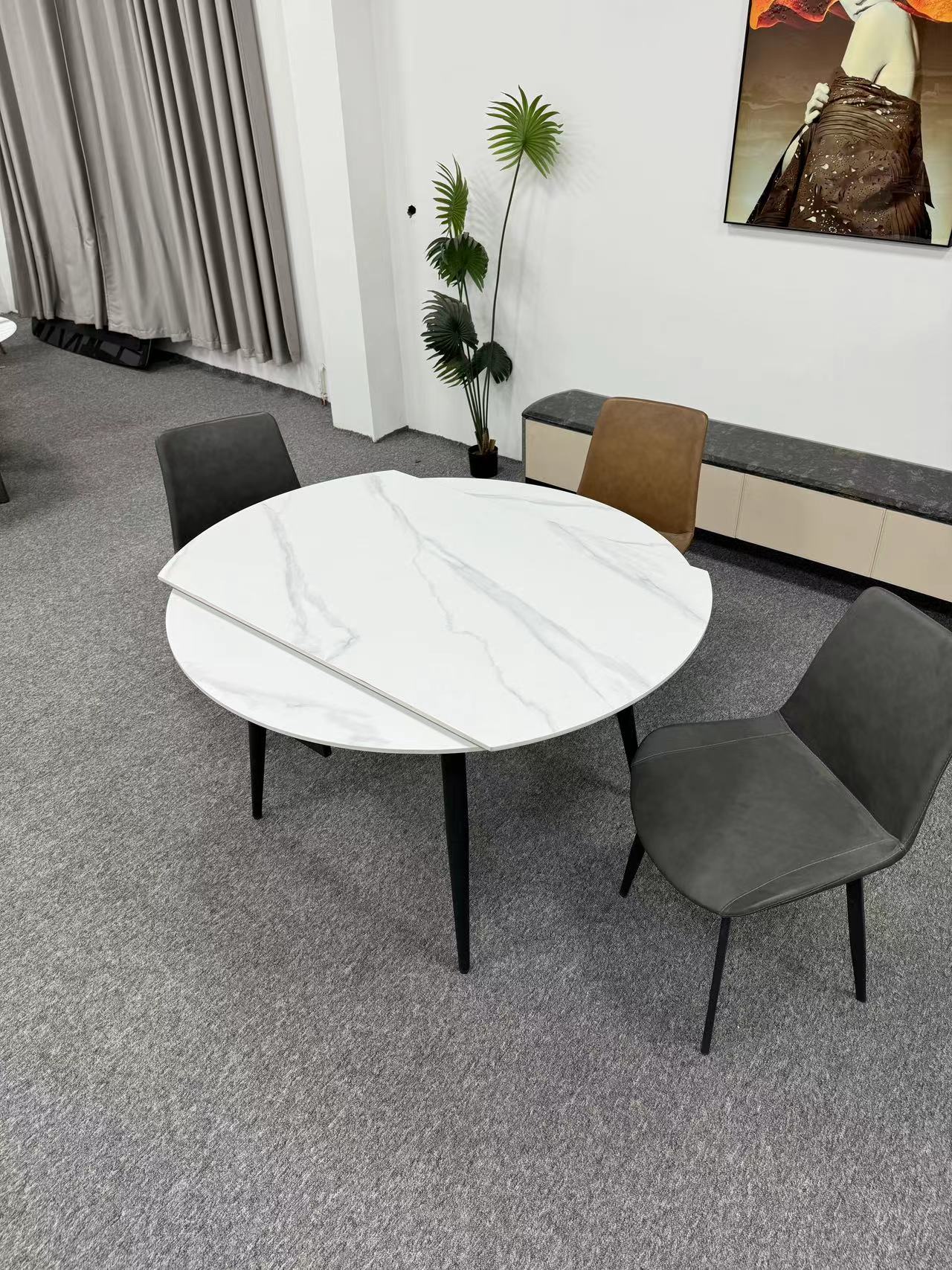 Foldable Sintered Stone Top Rectangular/Round Dining Table Metal Frame and Mechanism 1.3m