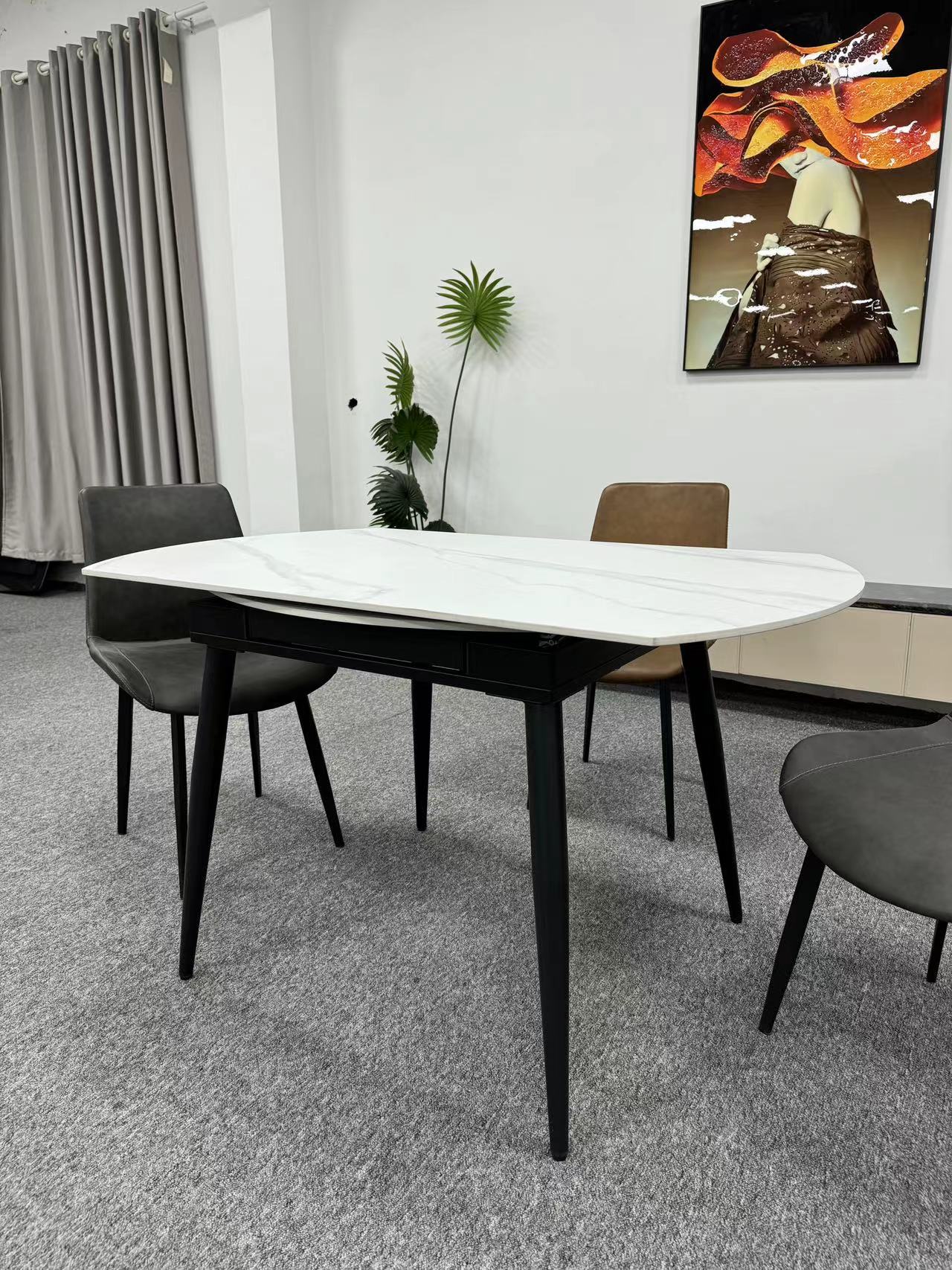 Foldable Sintered Stone Top Rectangular/Round Dining Table Metal Frame and Mechanism 1.3m