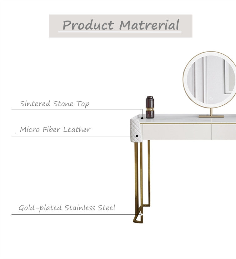 Florella+ Italian Style Sintered Stone Top Vanity Table With Stool And LED Mirror Makeup Table Dressing Table With Drawers 1.2m
