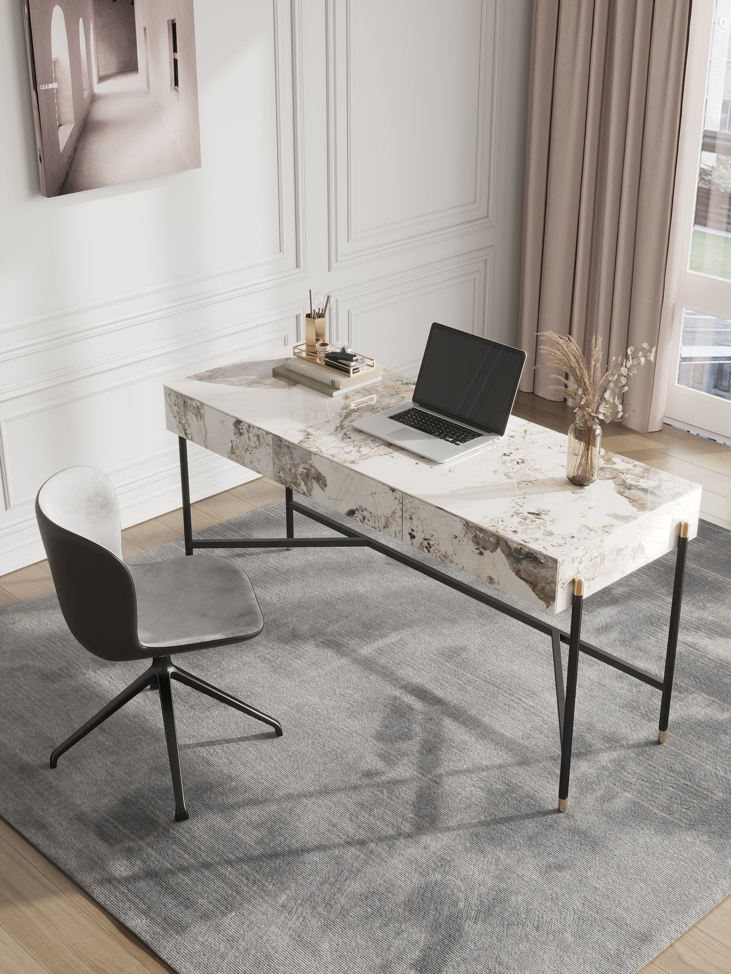 Igor Sintered Stone Top Study Desk With Drawers Steel Legs Home Office Desk 1.4m