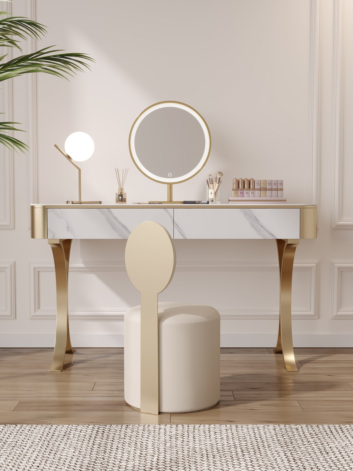 Dolores Stone Top Vanity Table With LED Mirror And Stool Makeup Table Dressing Table Set 1.2m