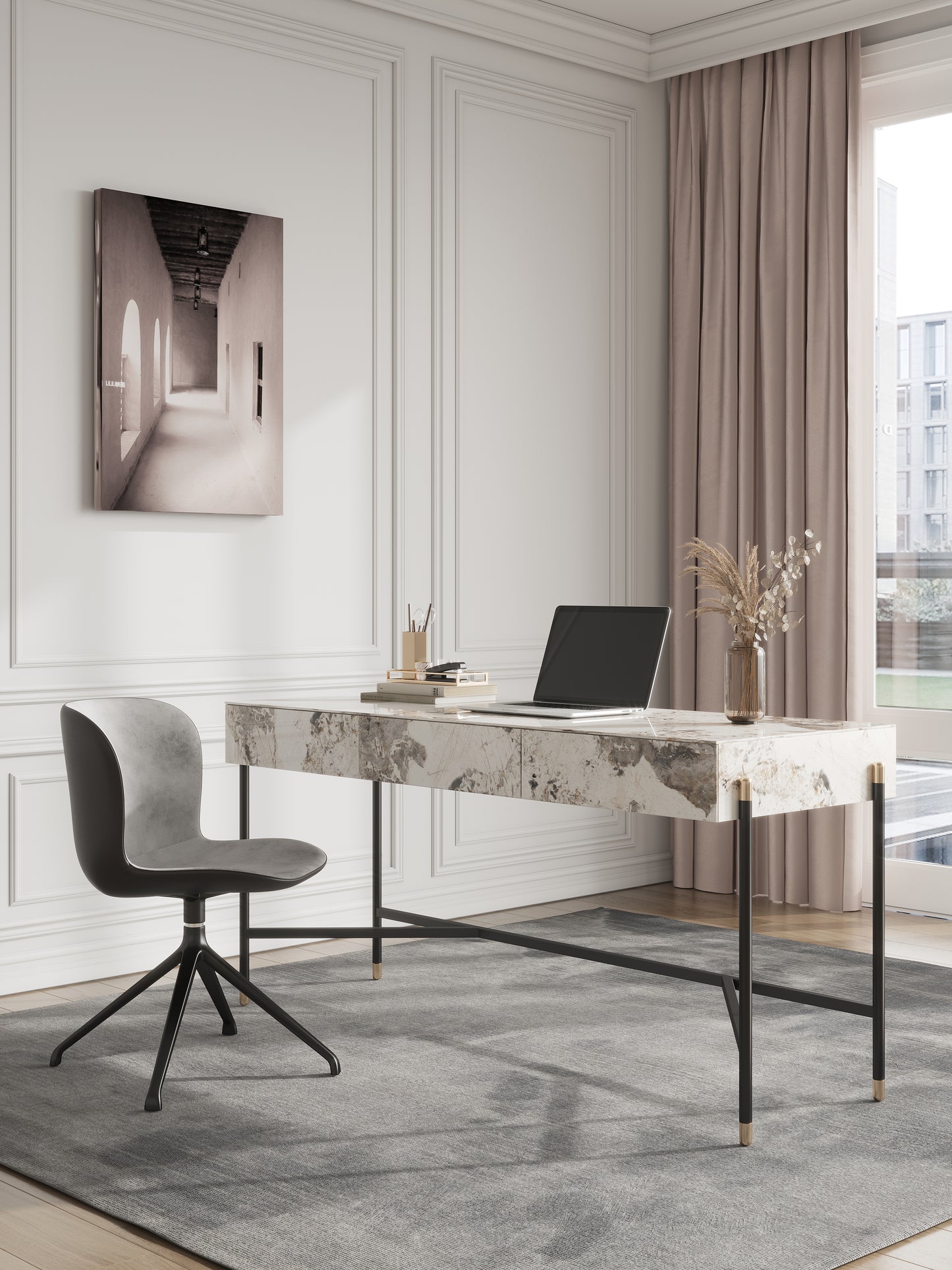 Igor Sintered Stone Top Study Desk With Drawers Steel Legs Home Office Desk 1.4m