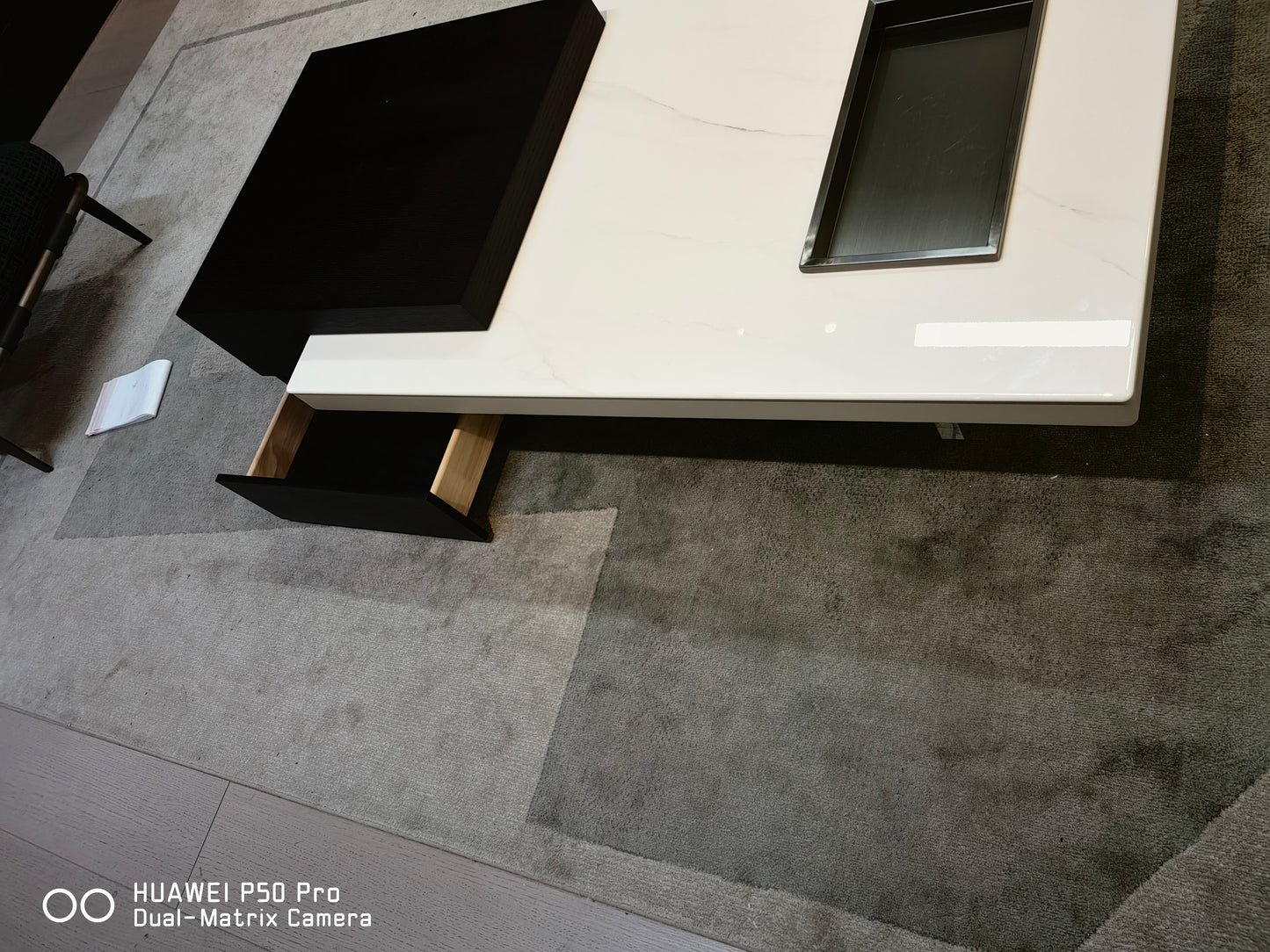 OTTAVIO Designer Black and White Color Slate Top Coffee Table With Transparent Legs and Metal Fruit Tray