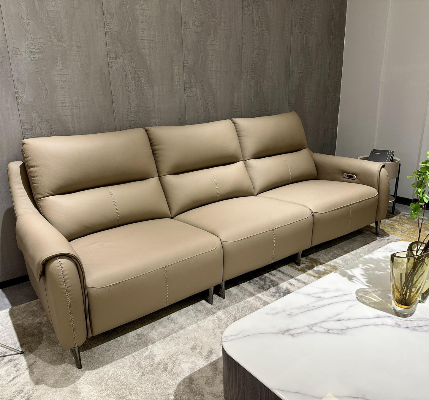 Aurelia Grey Leather Three Seat Sofa With Left Hand Side Electric Recliner Electric Sofa Lounge