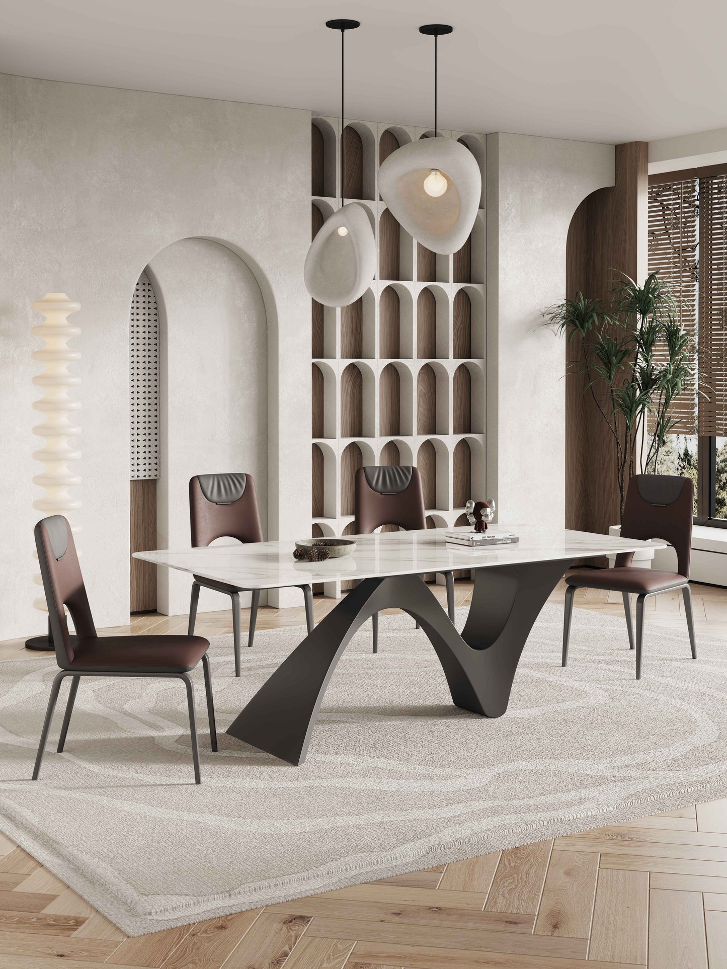 Dark Brown Open Back Designer Dining Chair Microfiber Leather Wrapped Seat With Metal Legs