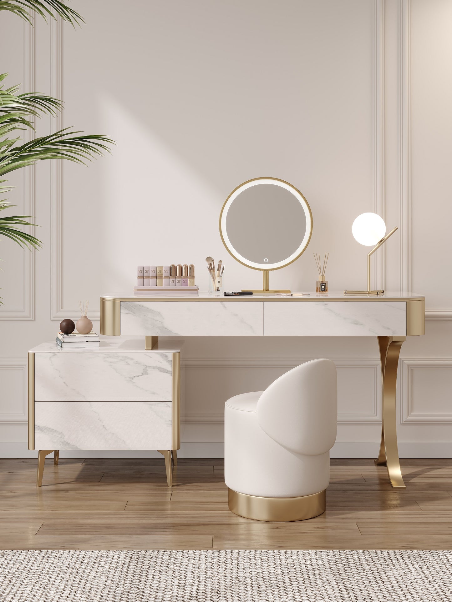 Dolores Stone Top Vanity Table With LED Mirror And Stool Makeup Table Dressing Table Set 1.2m
