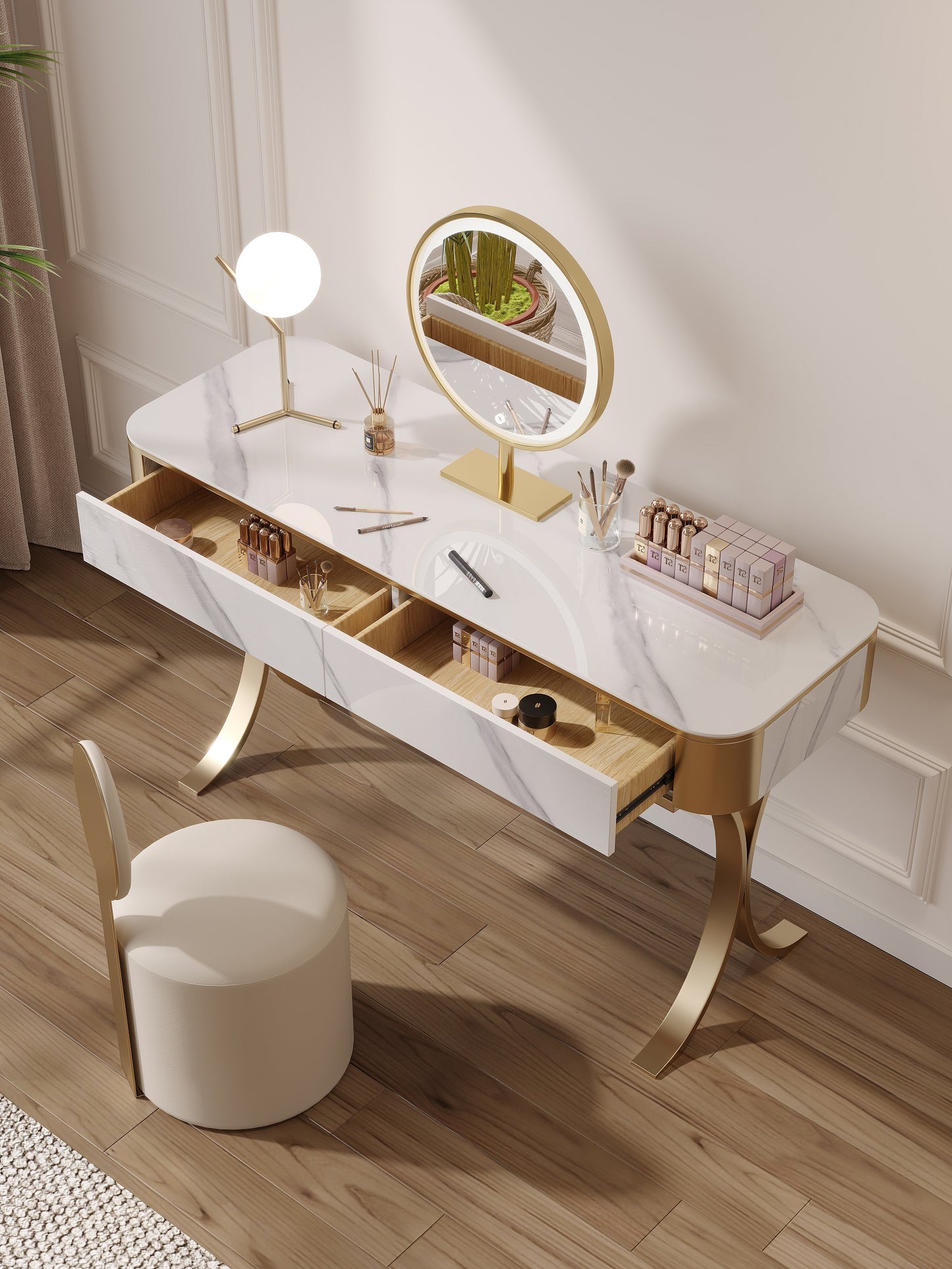 Dolores Stone Top Vanity Table With LED Mirror And Stool Makeup Table Dressing Table Set 1.2m