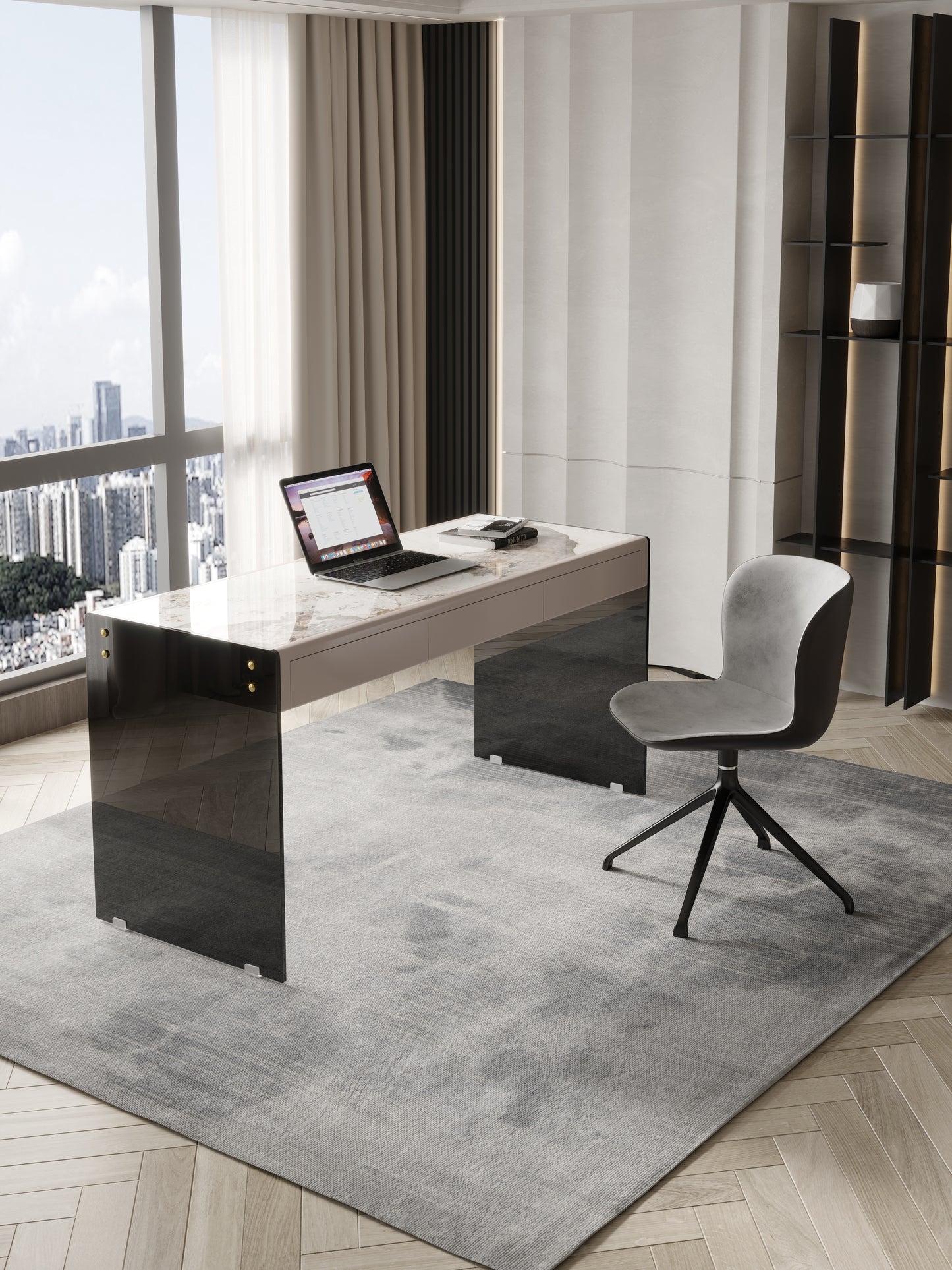 Angelo Sintered Stone Top Designer Study Desk With Drawers Glass Stand Home Office Desk 1.6m