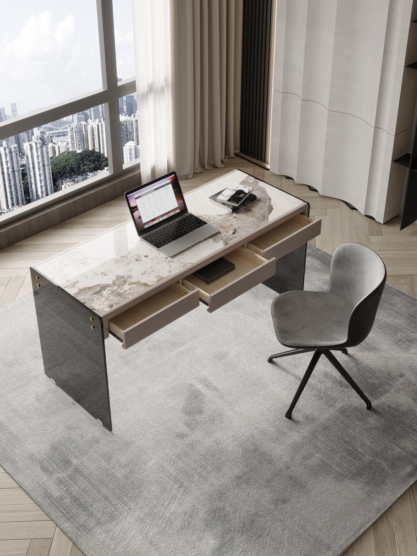 Angelo Sintered Stone Top Designer Study Desk With Drawers Glass Stand Home Office Desk 1.6m
