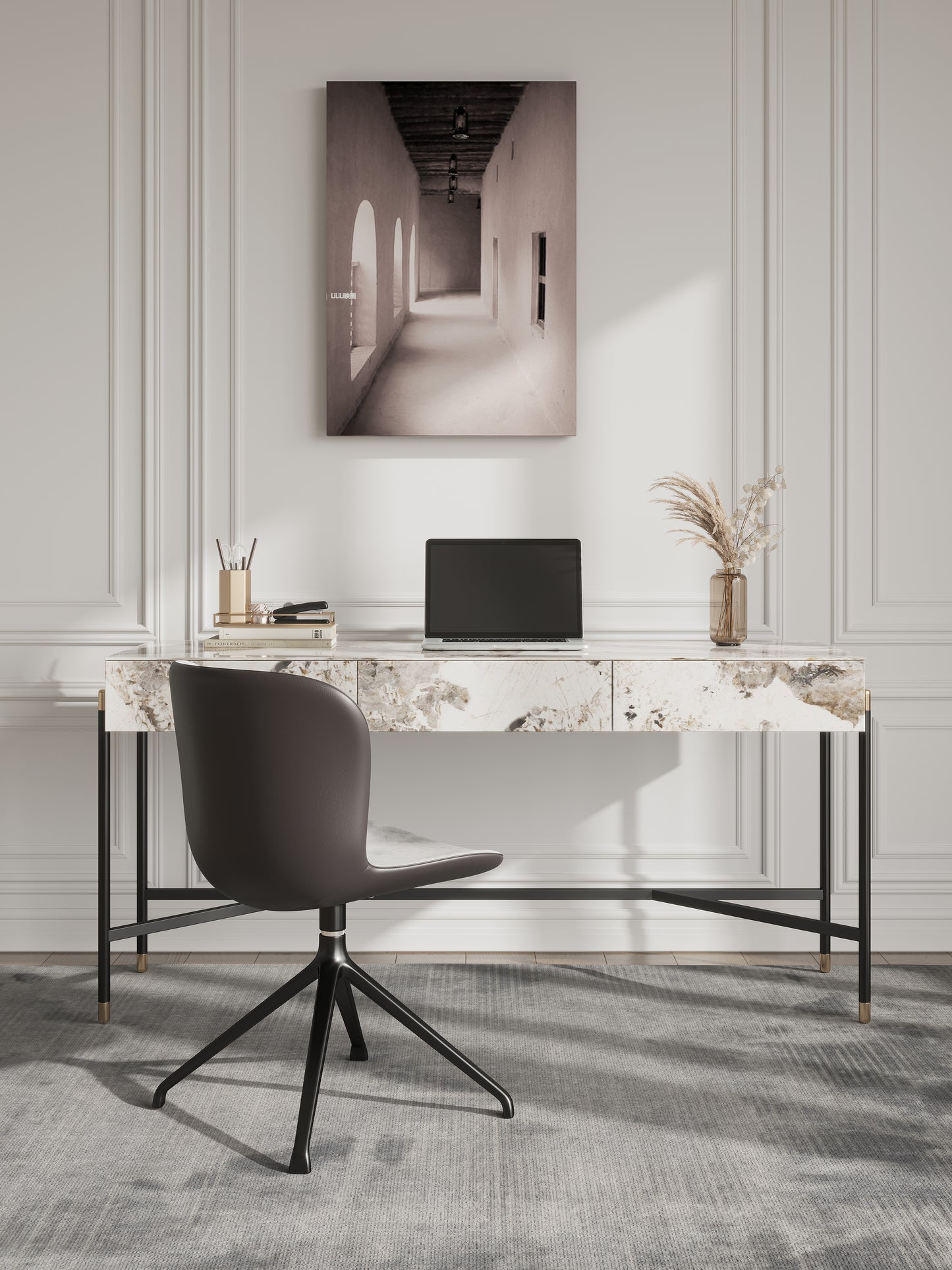 Igor Sintered Stone Top Study Desk With Drawers Steel Legs Home Office Desk 1.4m