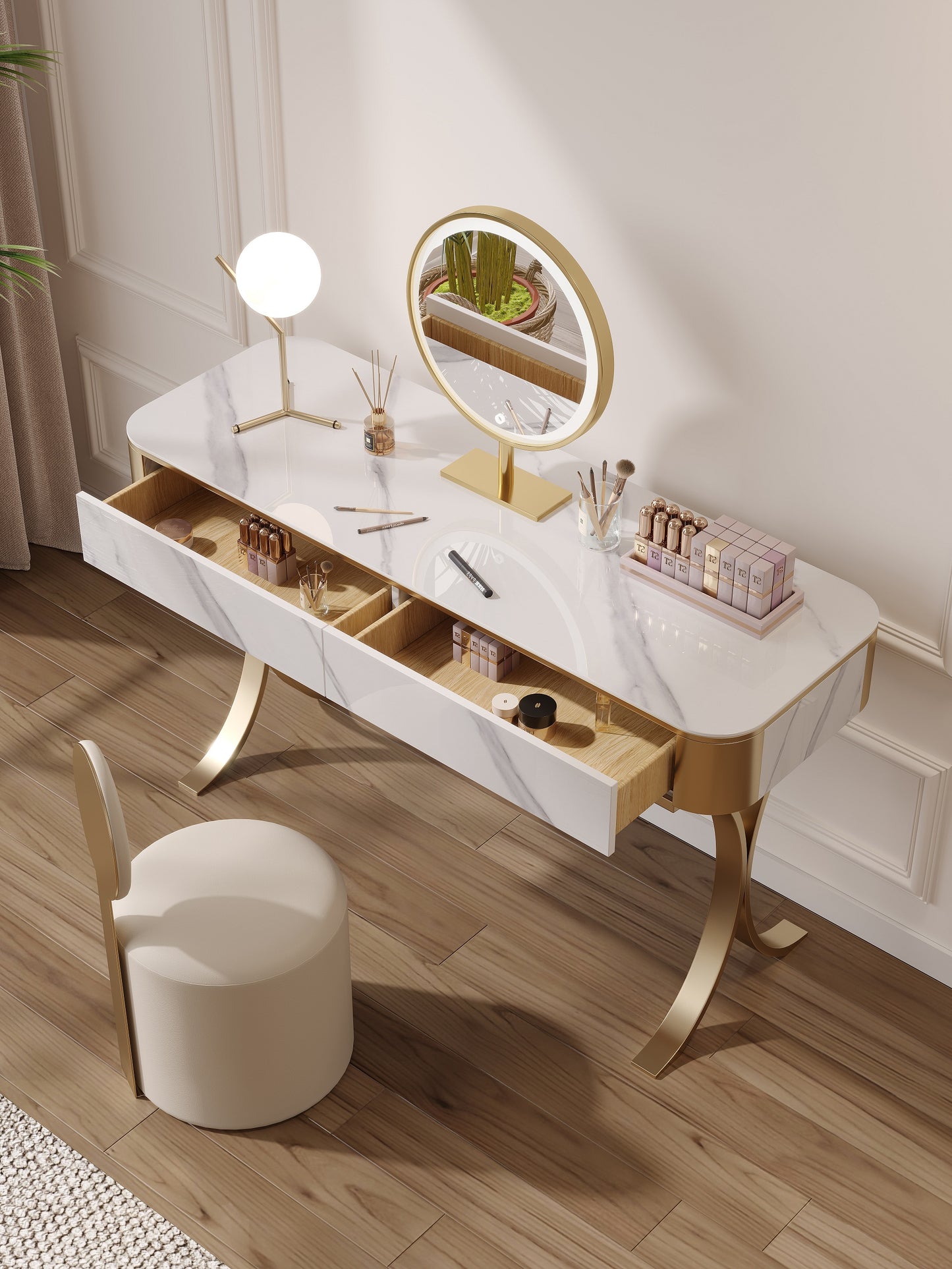 Dolores Stone Top Vanity Table With LED Mirror And Stool Makeup Table Dressing Table Set 1.2m