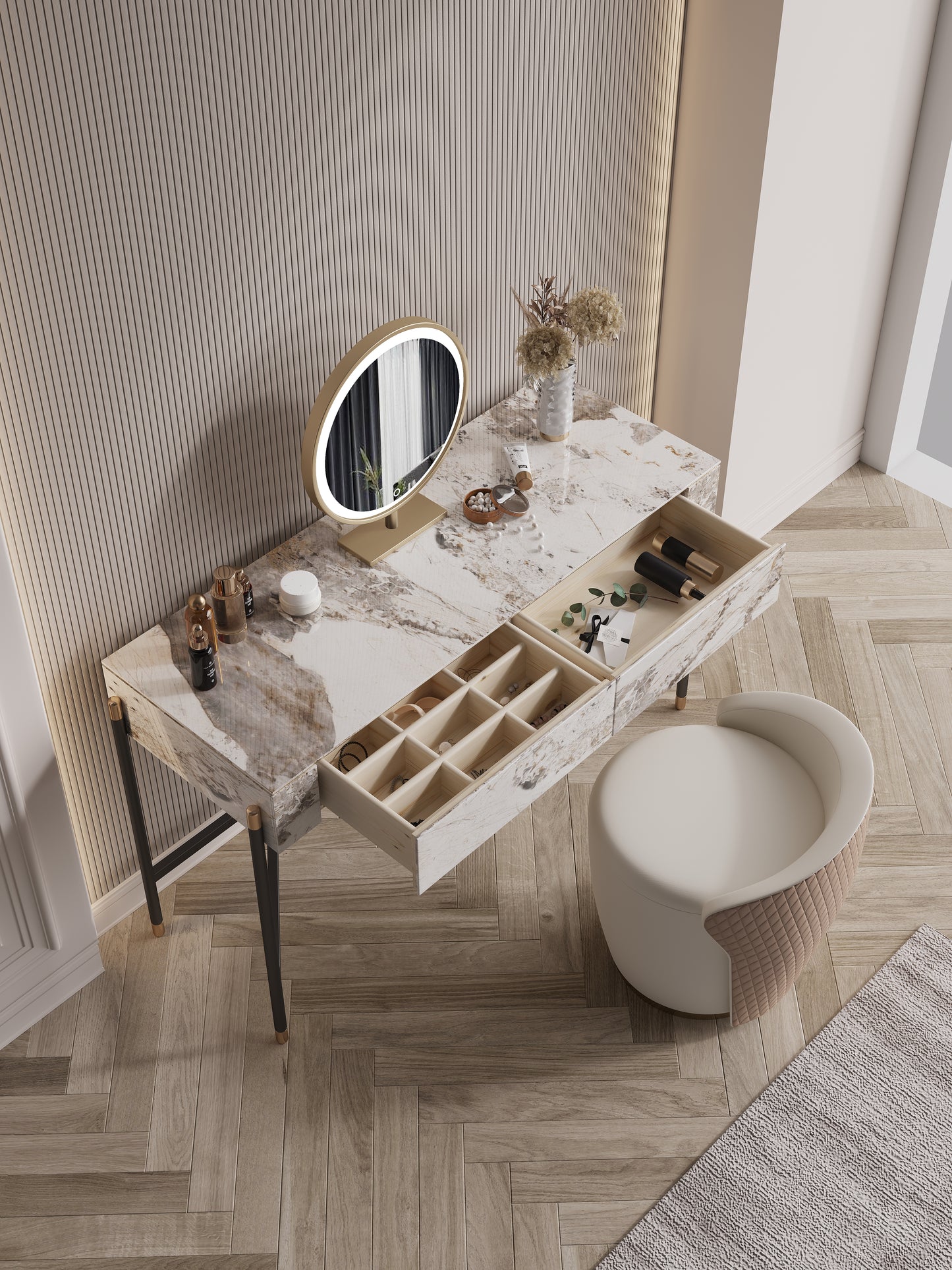 Arna Ceramic Top Vanity Table with Stool and LED Mirror Vanity Table Dressing Table With Mirror and Drawers 1.2m