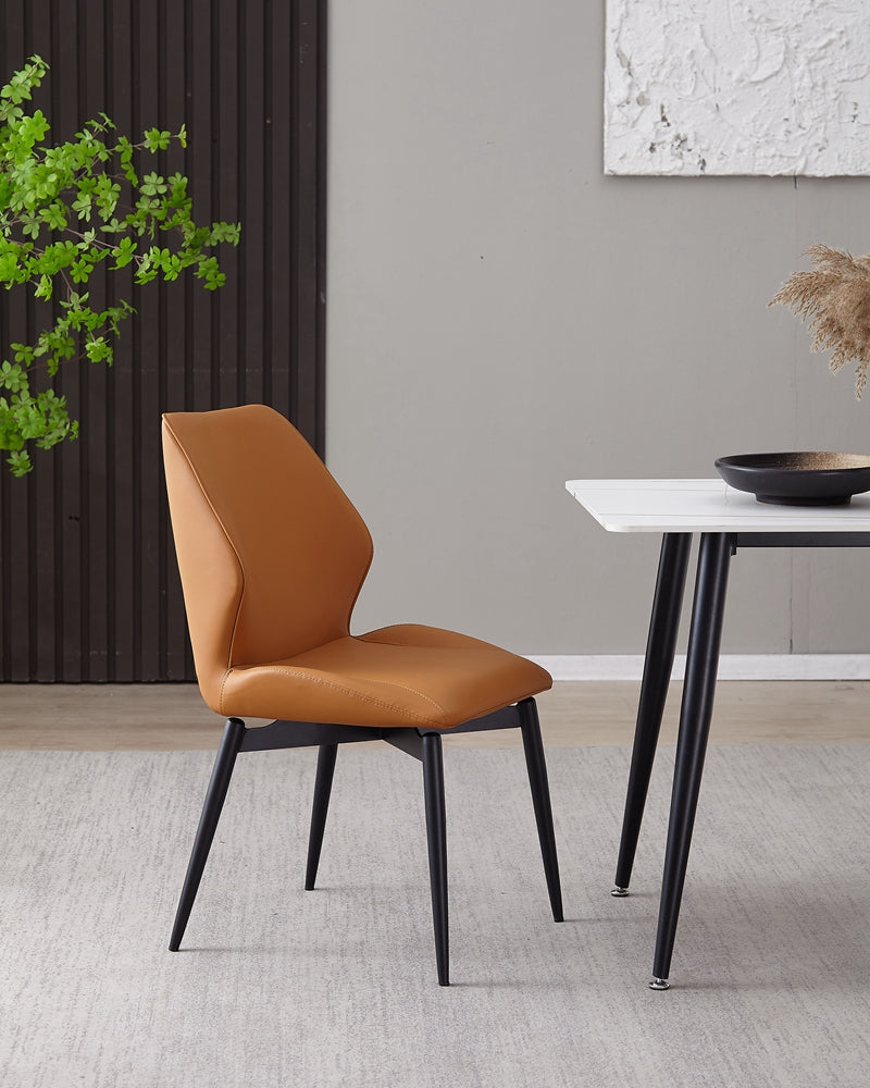 Italian Design PU Leather Dining Chair Metal Legs Orange Color Hand Stitched