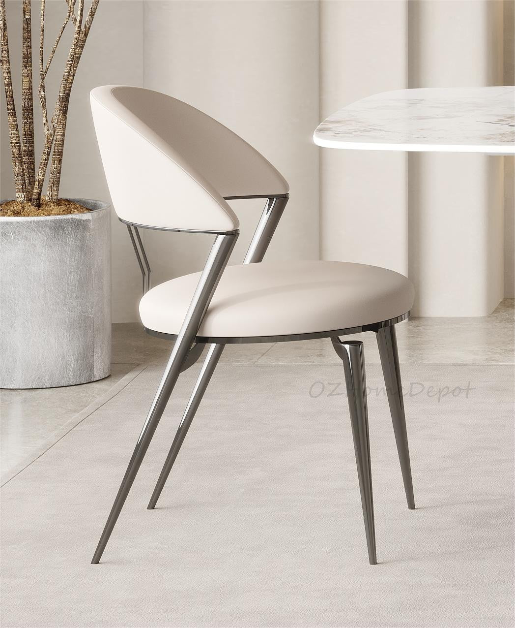 Chou PU Round Seat Style Leather Dining Chair Metal Legs Beige Color