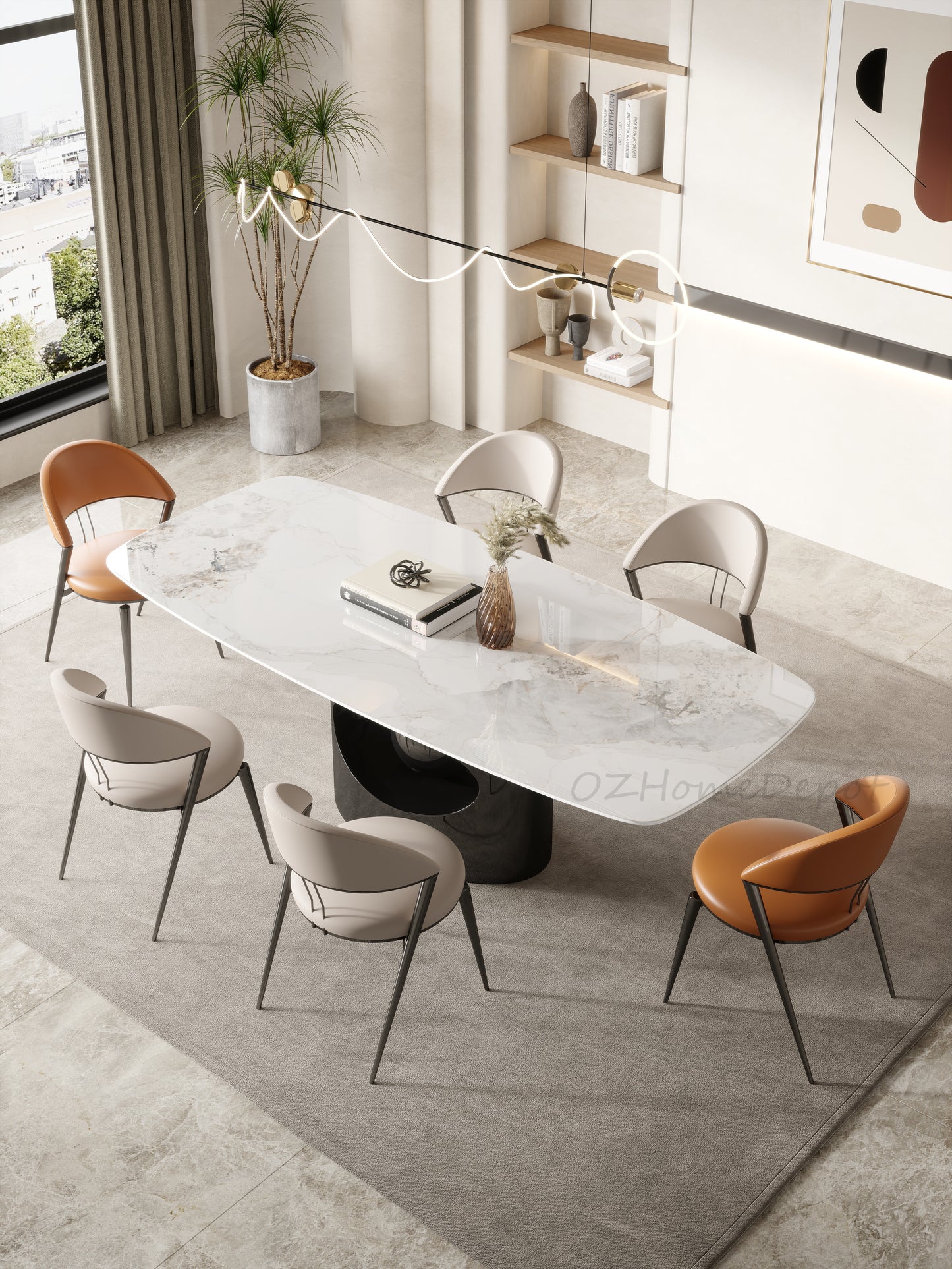 Chou PU Round Seat Style Leather Dining Chair Metal Legs Beige Color