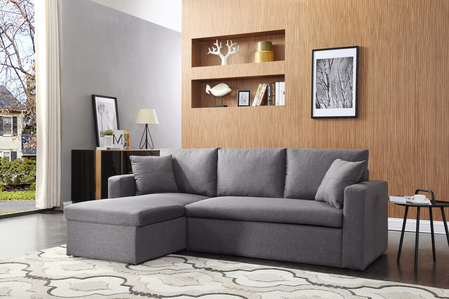 Modern Design Linen Fabric 3-Seat Sofa Bed With Storage Chaise Grey Color