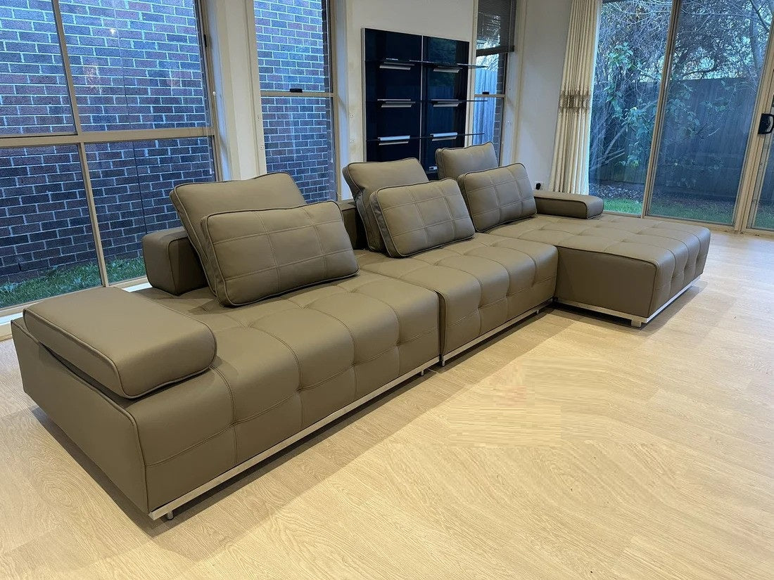 LAURENCE Light Brown Color Genuine Leather Sofa With Chase Large Sofa Lounge L Shape Sofa 3.64m