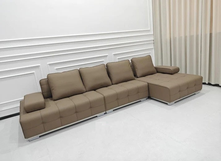 LAURENCE Light Brown Color Genuine Leather Sofa With Chase Large Sofa Lounge L Shape Sofa 3.64m