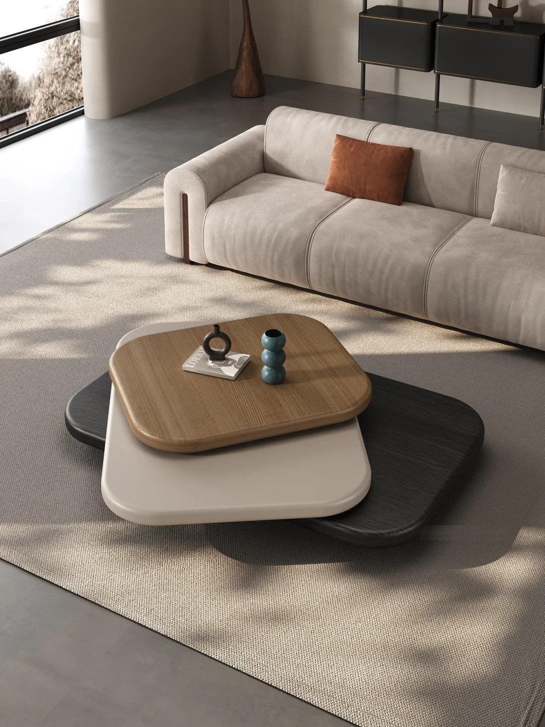 Orbit Japanese Lowline Style Designer 3-Layer Swivel Wooden Coffee Table