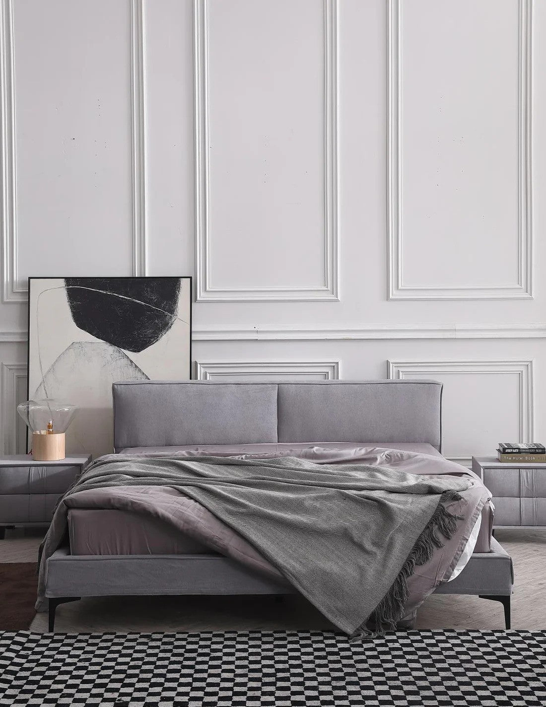 ELETTRA Nordic Grey Large Tofu Block Style Down-filled Backrest Bed Frame Queen/King