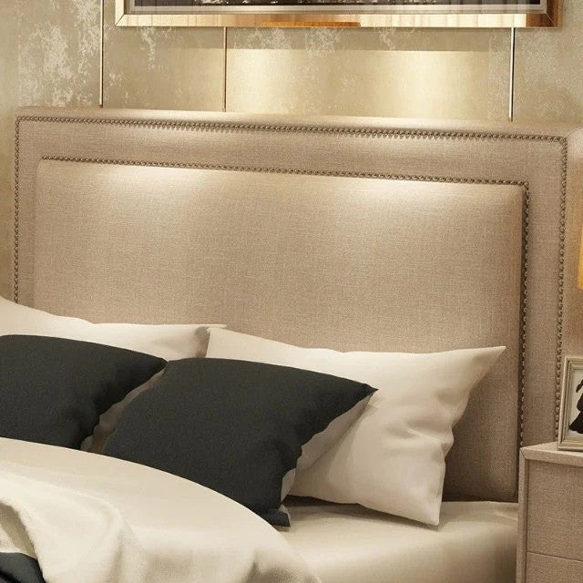 QUINLAN American Country Vintage Style Fabric Nailhead High Back Bed Frame Light Grey Queen/King