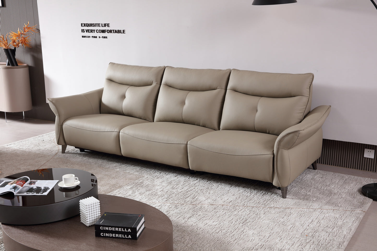 LORELEI Elephant Grey Genuine Leather Three Seat Sofa With Left Hand Side Electric Recliner Electric Sofa Lounge 2.78m