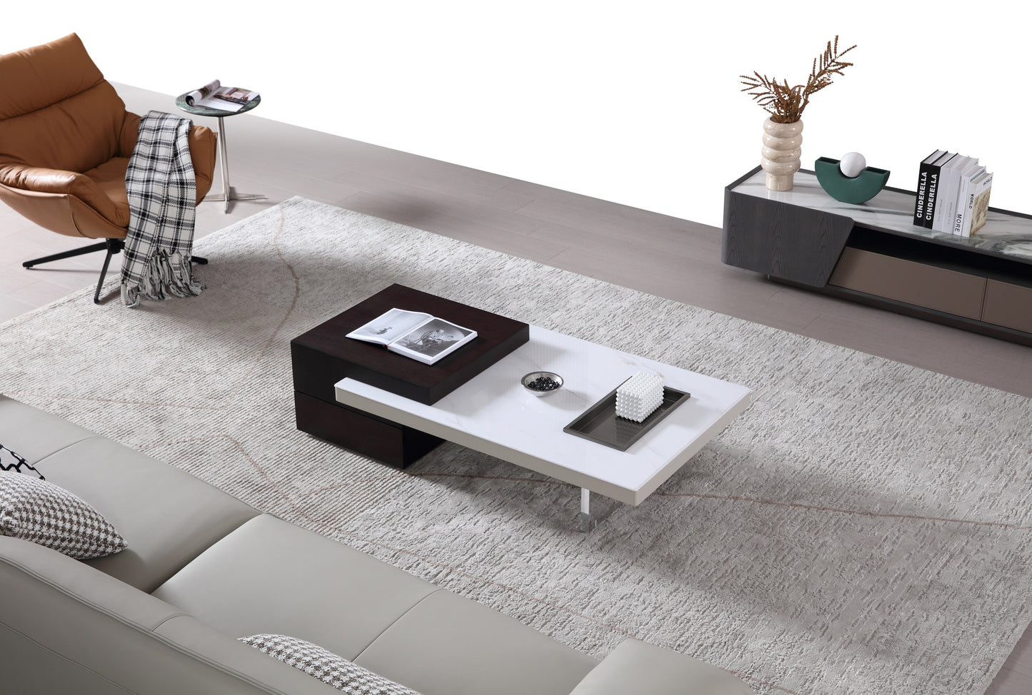 OTTAVIO Designer Black and White Color Slate Top Coffee Table With Transparent Legs and Metal Fruit Tray