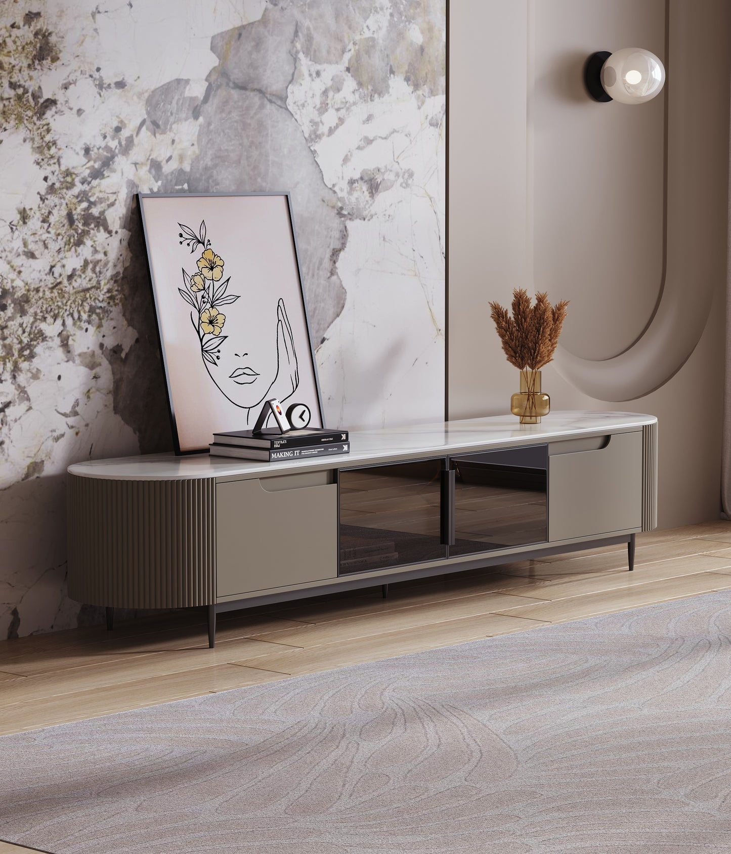 Keesley Sintered Stone Top Glossy White Top Entertainment Unit TV Stand Black Painted Metal Legs