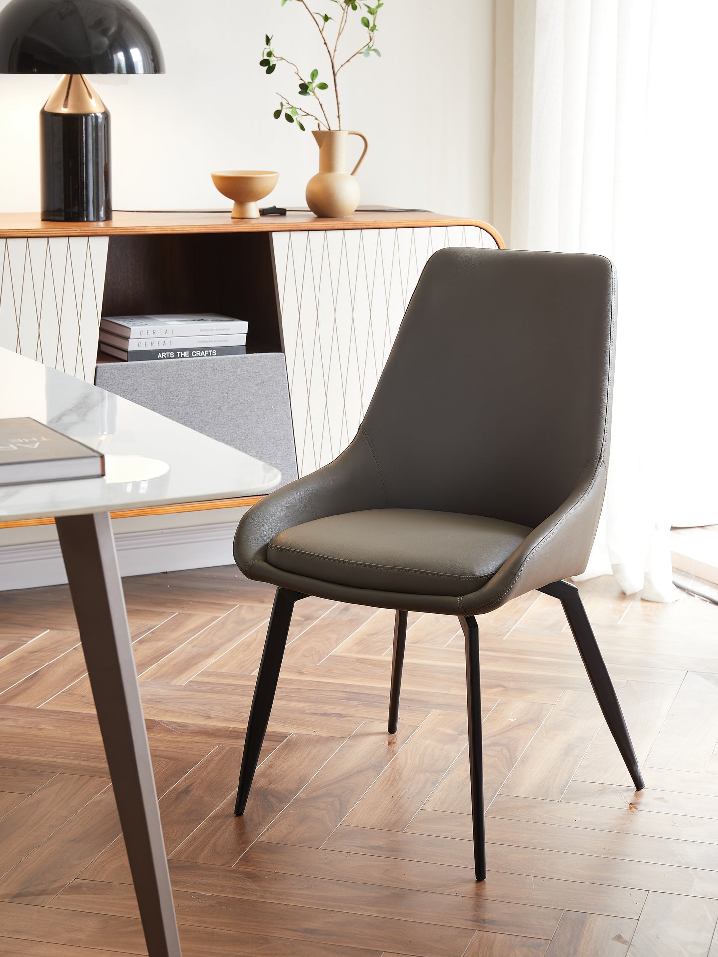 Modern Style PU Leather Luxury Dining Chair Italian Design Steel Leg Grey Color