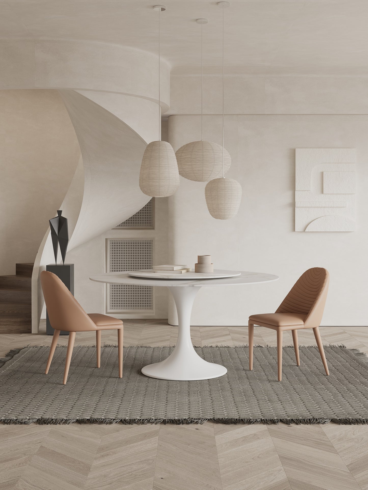 Solana White Sintered Stone Marble Effect Round Dining Table With Lazy Susan