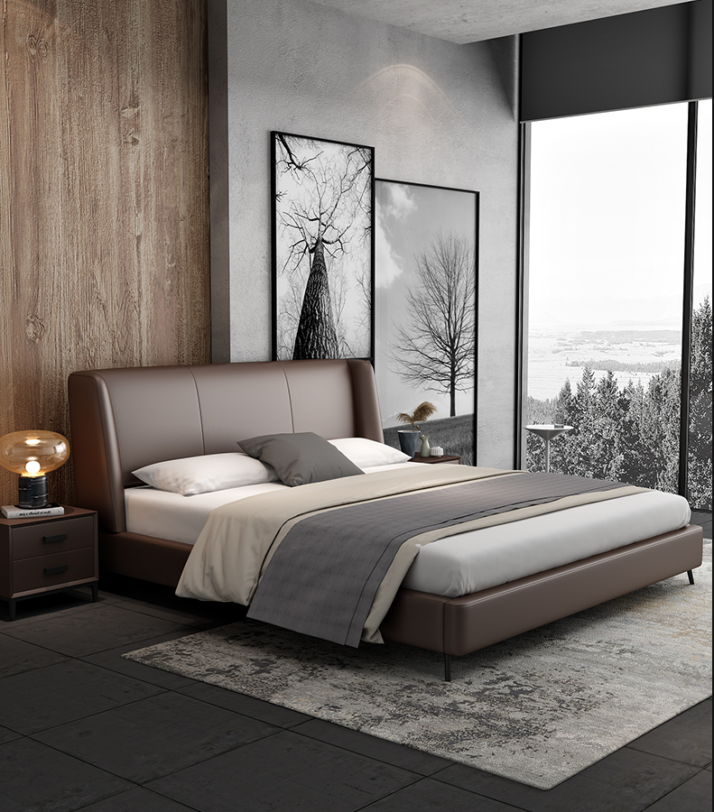 BRIS Luxurious Calf Leather Bed Frame Premium Quality With Steel Legs Queen/King
