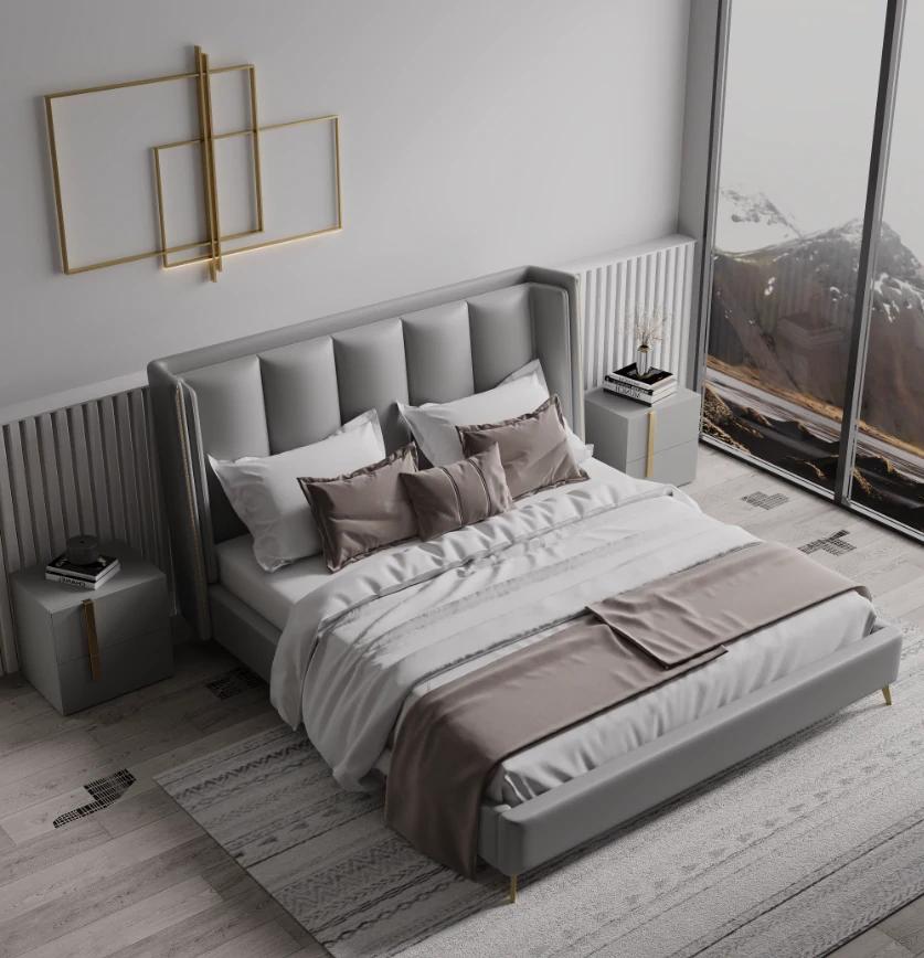 YORDEN Modern Design Genuine Cowhide Leather Bed Frame With Steel Legs Queen/ King